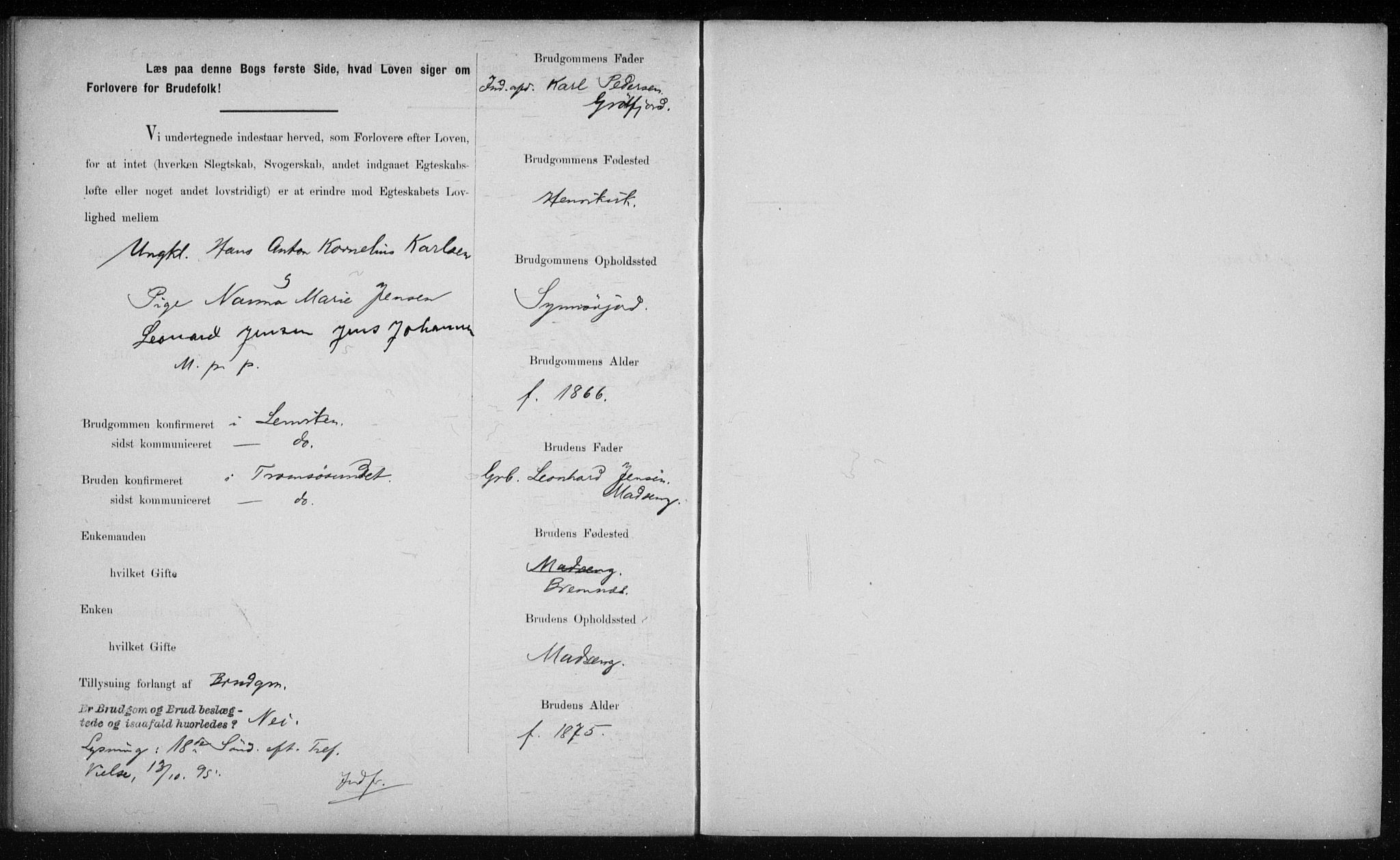 Lenvik sokneprestembete, AV/SATØ-S-1310/I/Ie/L0129: Banns register no. 129, 1890-1895