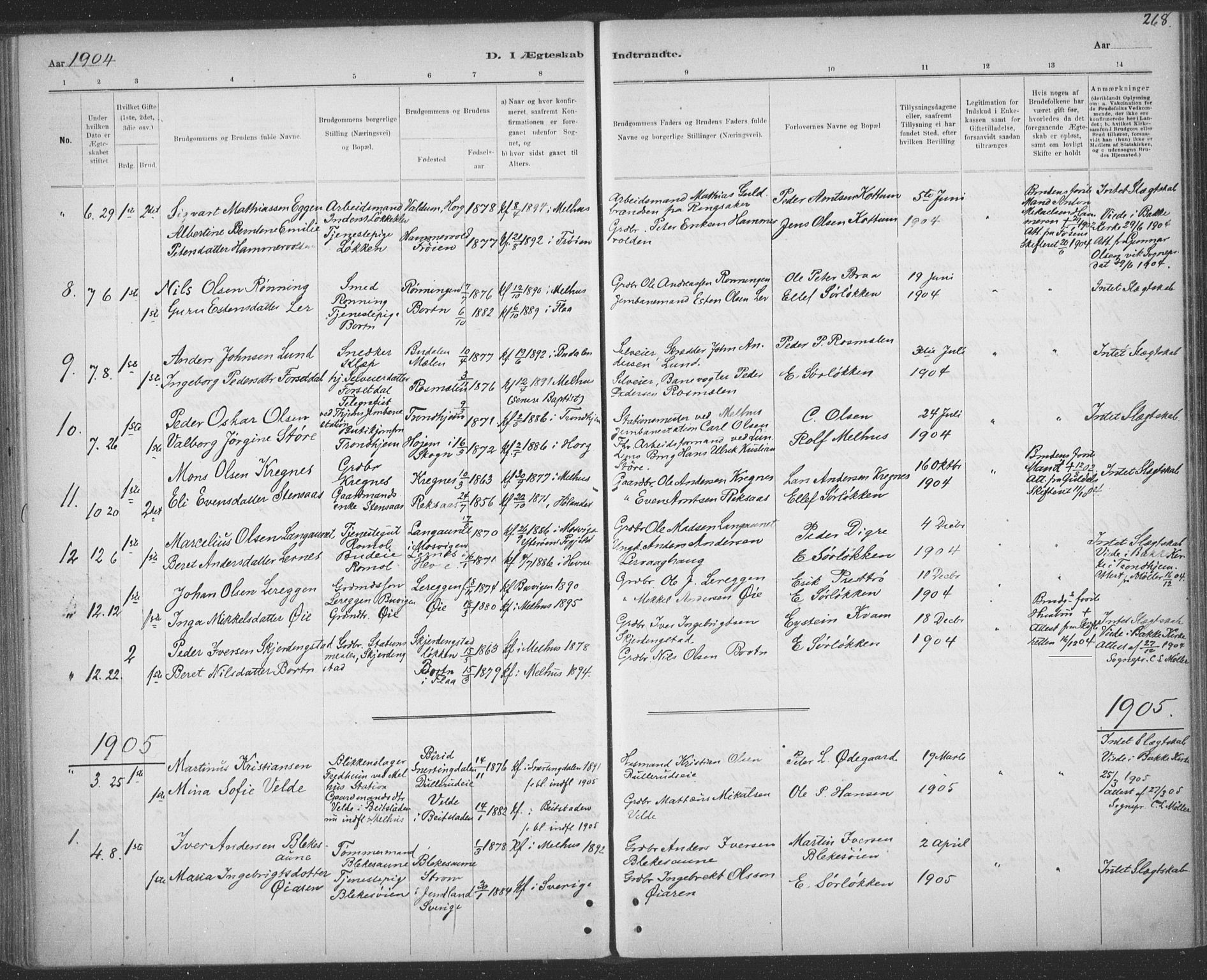 Ministerialprotokoller, klokkerbøker og fødselsregistre - Sør-Trøndelag, SAT/A-1456/691/L1085: Parish register (official) no. 691A17, 1887-1908, p. 268