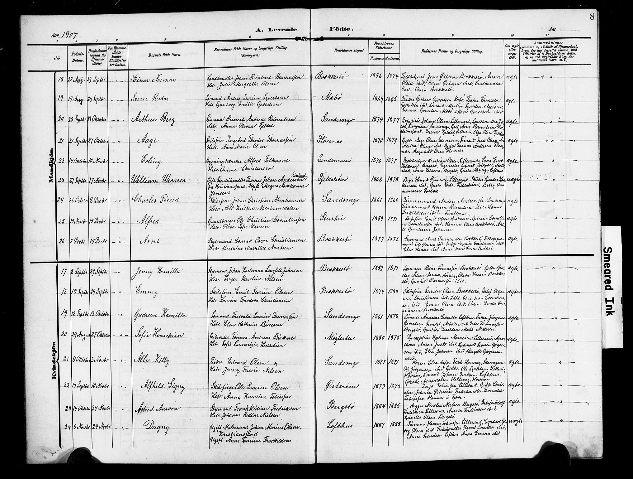 Vestre Moland sokneprestkontor, AV/SAK-1111-0046/F/Fb/Fbb/L0007: Parish register (copy) no. B 7, 1906-1929, p. 8