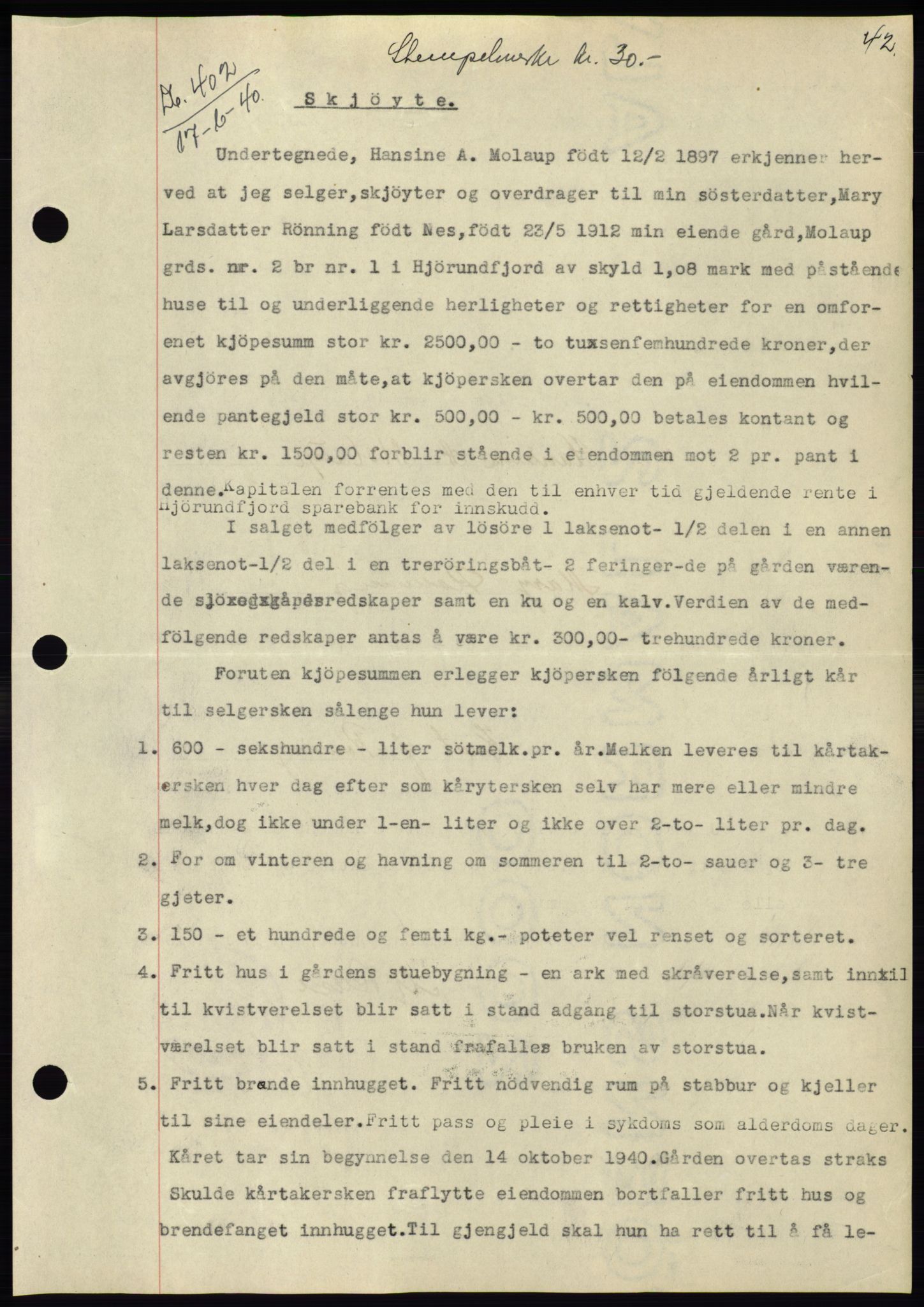 Søre Sunnmøre sorenskriveri, AV/SAT-A-4122/1/2/2C/L0070: Mortgage book no. 64, 1940-1941, Diary no: : 402/1940