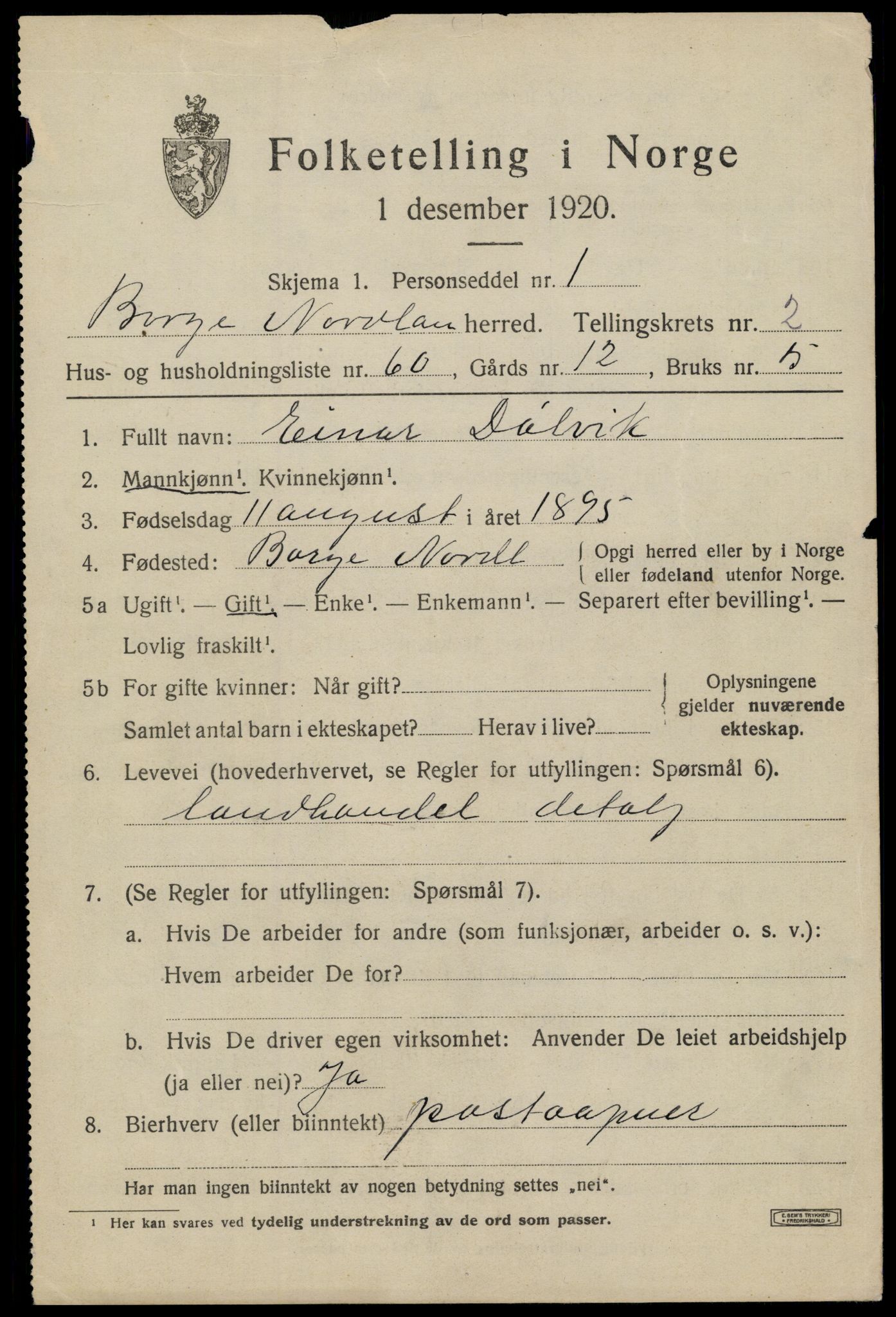 SAT, 1920 census for Borge, 1920, p. 3069