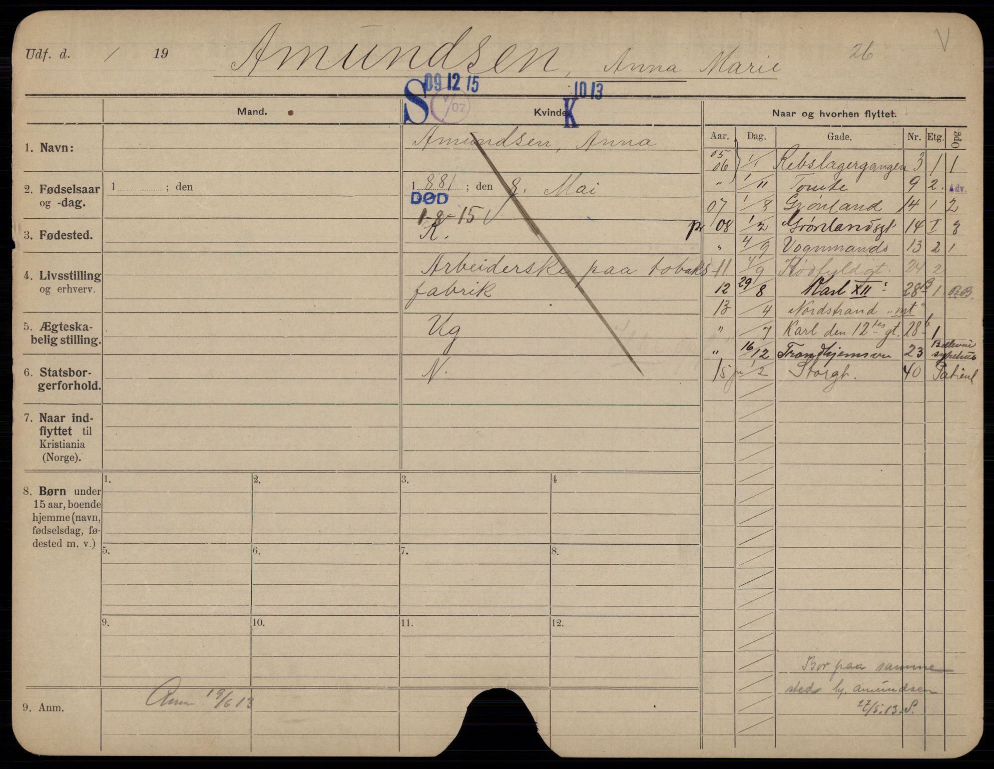 Oslo folkeregister, Registerkort, AV/SAO-A-11715/G/Gb/L0020: Kvinner, 1915