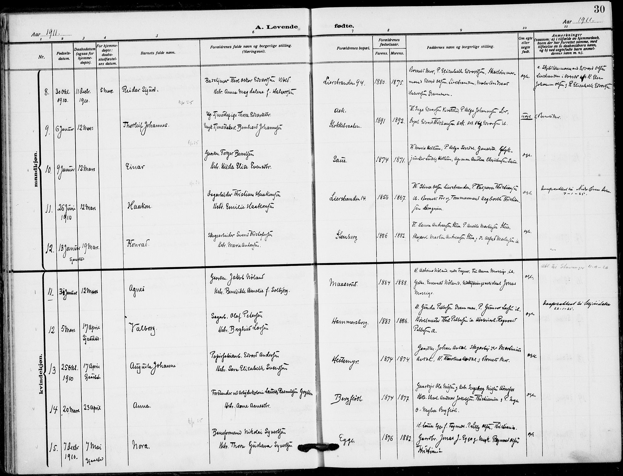 Lier kirkebøker, AV/SAKO-A-230/F/Fa/L0018: Parish register (official) no. I 18, 1909-1917, p. 30