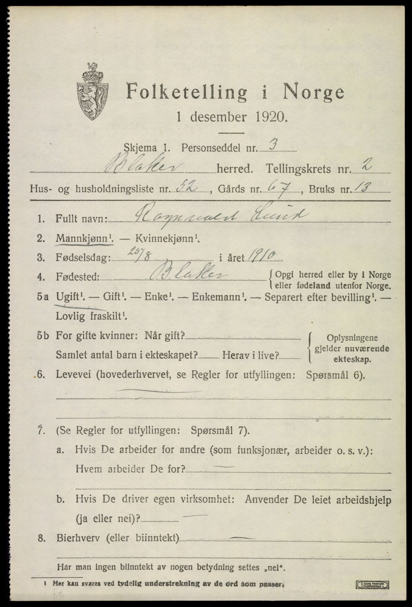 SAO, 1920 census for Blaker, 1920, p. 2029