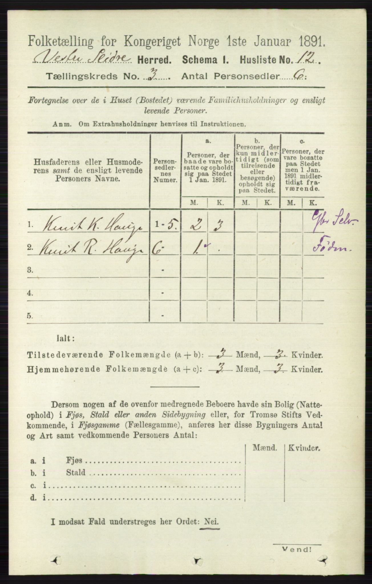 RA, 1891 census for 0543 Vestre Slidre, 1891, p. 775