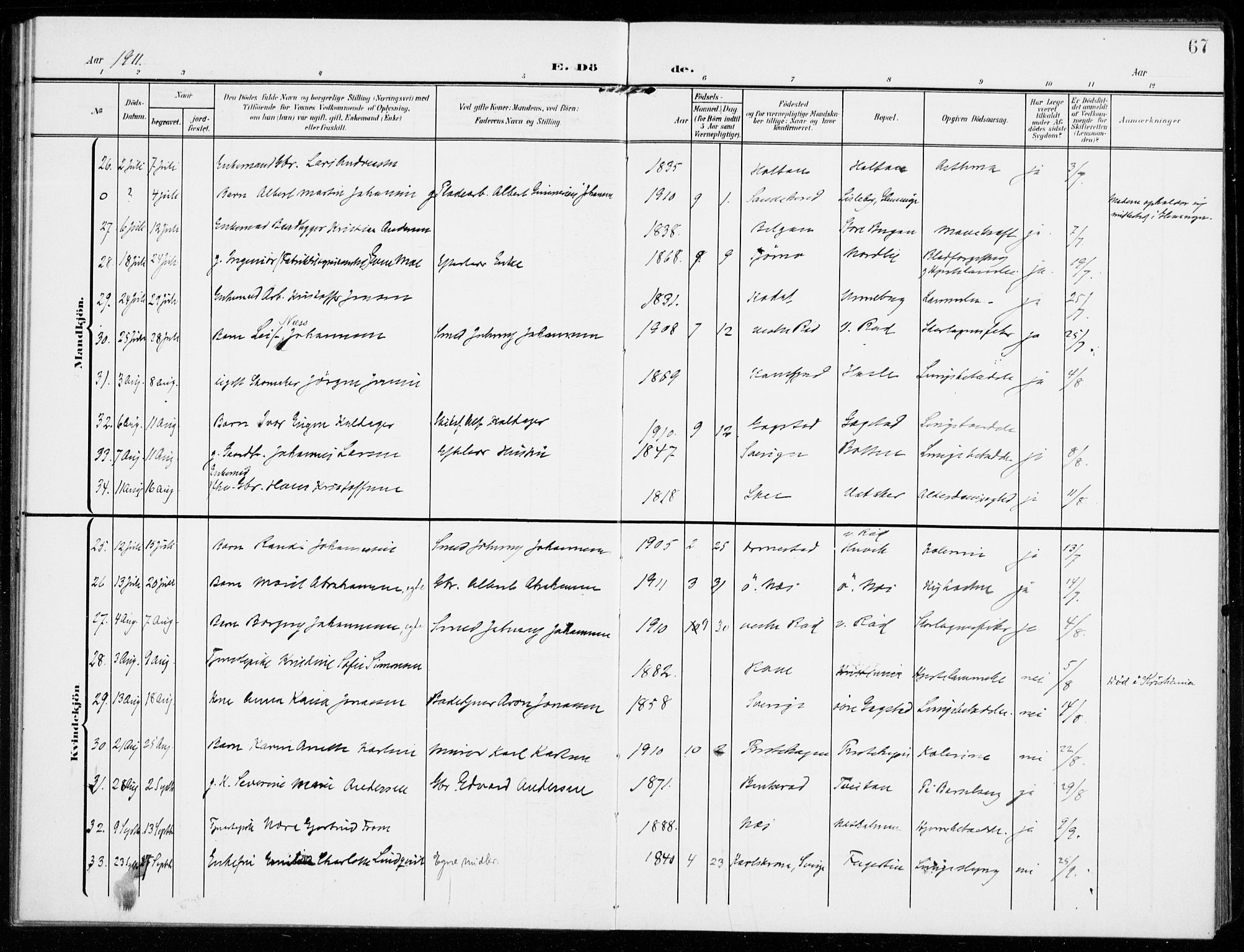 Sandar kirkebøker, SAKO/A-243/F/Fa/L0019: Parish register (official) no. 19, 1908-1914, p. 67