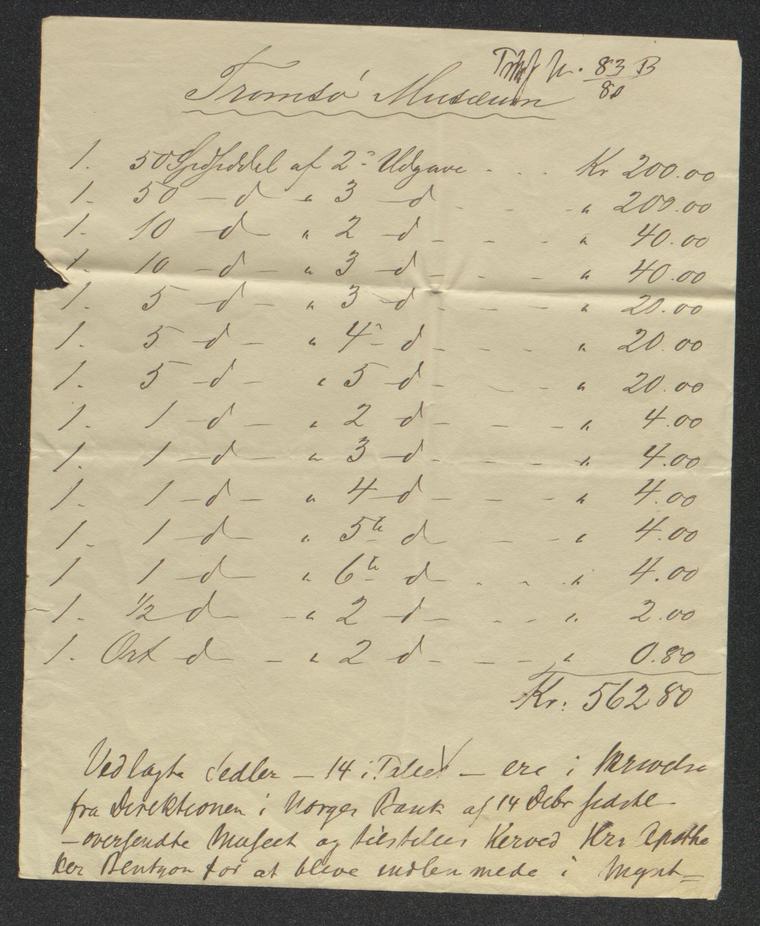 Tromsø Museum, AV/SATØ-S-0162/D/Db/L0033: Journalsaker og innkomne brev, 1879-1882, p. 273