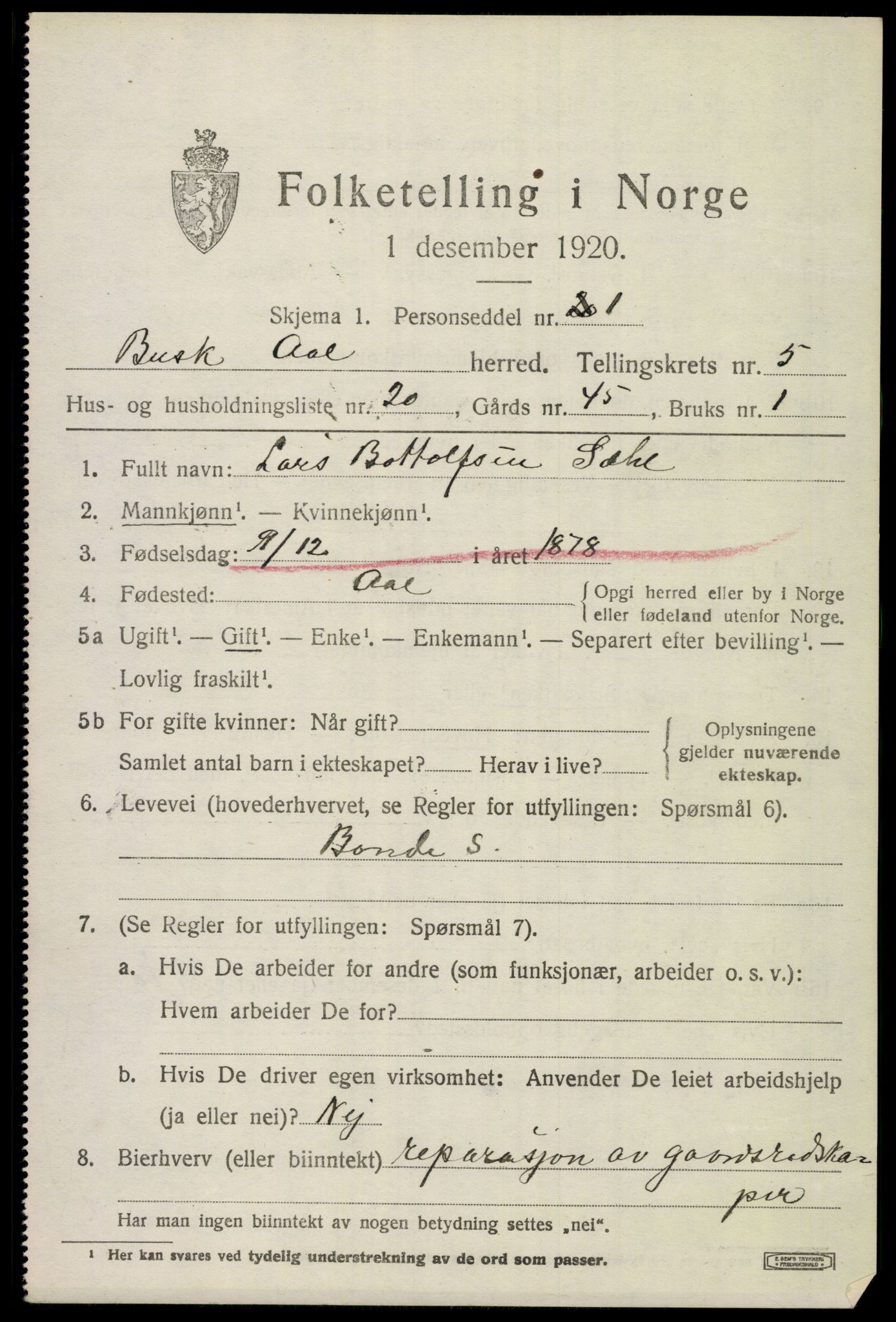 SAKO, 1920 census for Ål, 1920, p. 4020