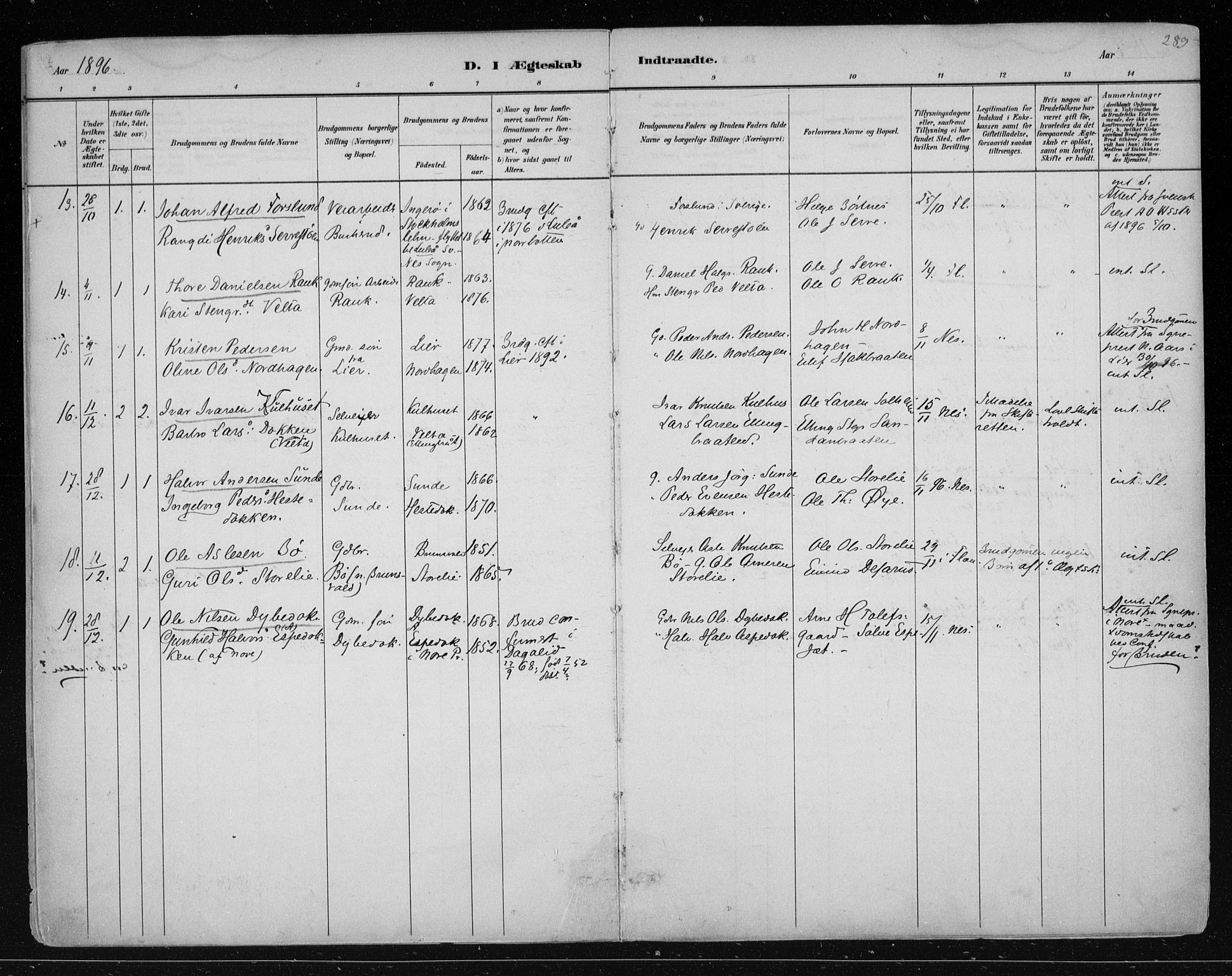 Nes kirkebøker, AV/SAKO-A-236/F/Fa/L0011: Parish register (official) no. 11, 1881-1912, p. 289