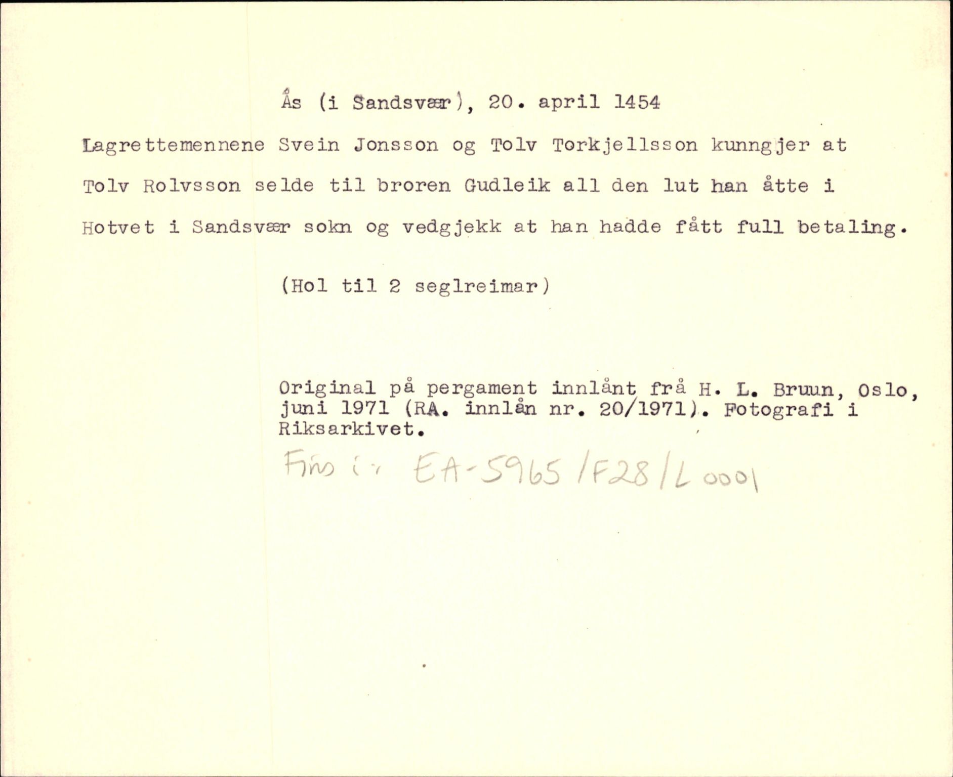 Riksarkivets diplomsamling, AV/RA-EA-5965/F35/F35d/L0001: Innlånte diplomer, seddelregister, 1316-1591, p. 149