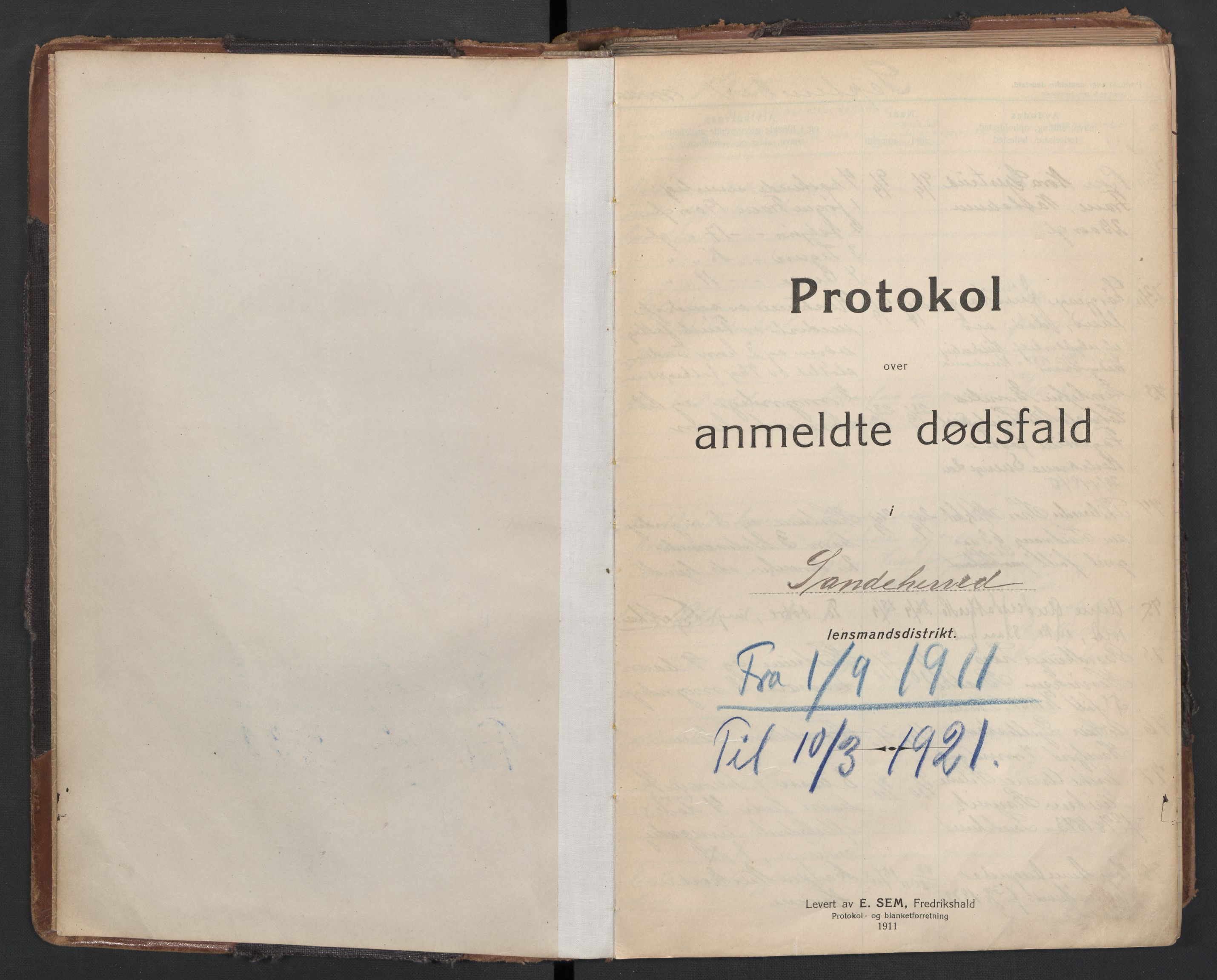 Sandar lensmannskontor, AV/SAKO-A-545/H/Ha/L0005: Dødsanmeldelsesprotokoll, 1911-1921