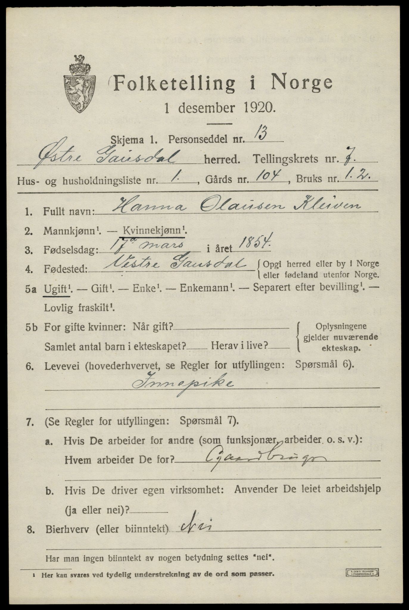 SAH, 1920 census for Østre Gausdal, 1920, p. 3872