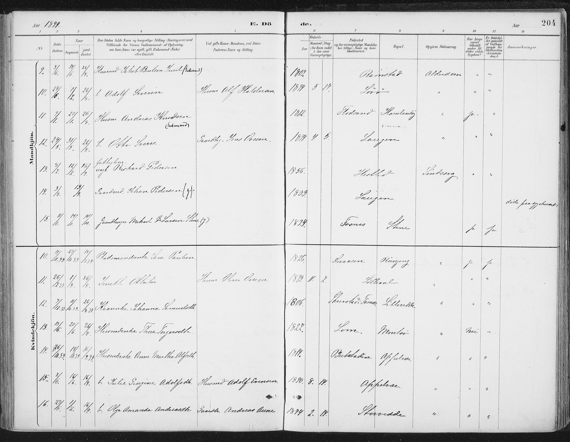 Ministerialprotokoller, klokkerbøker og fødselsregistre - Nord-Trøndelag, AV/SAT-A-1458/784/L0673: Parish register (official) no. 784A08, 1888-1899, p. 204