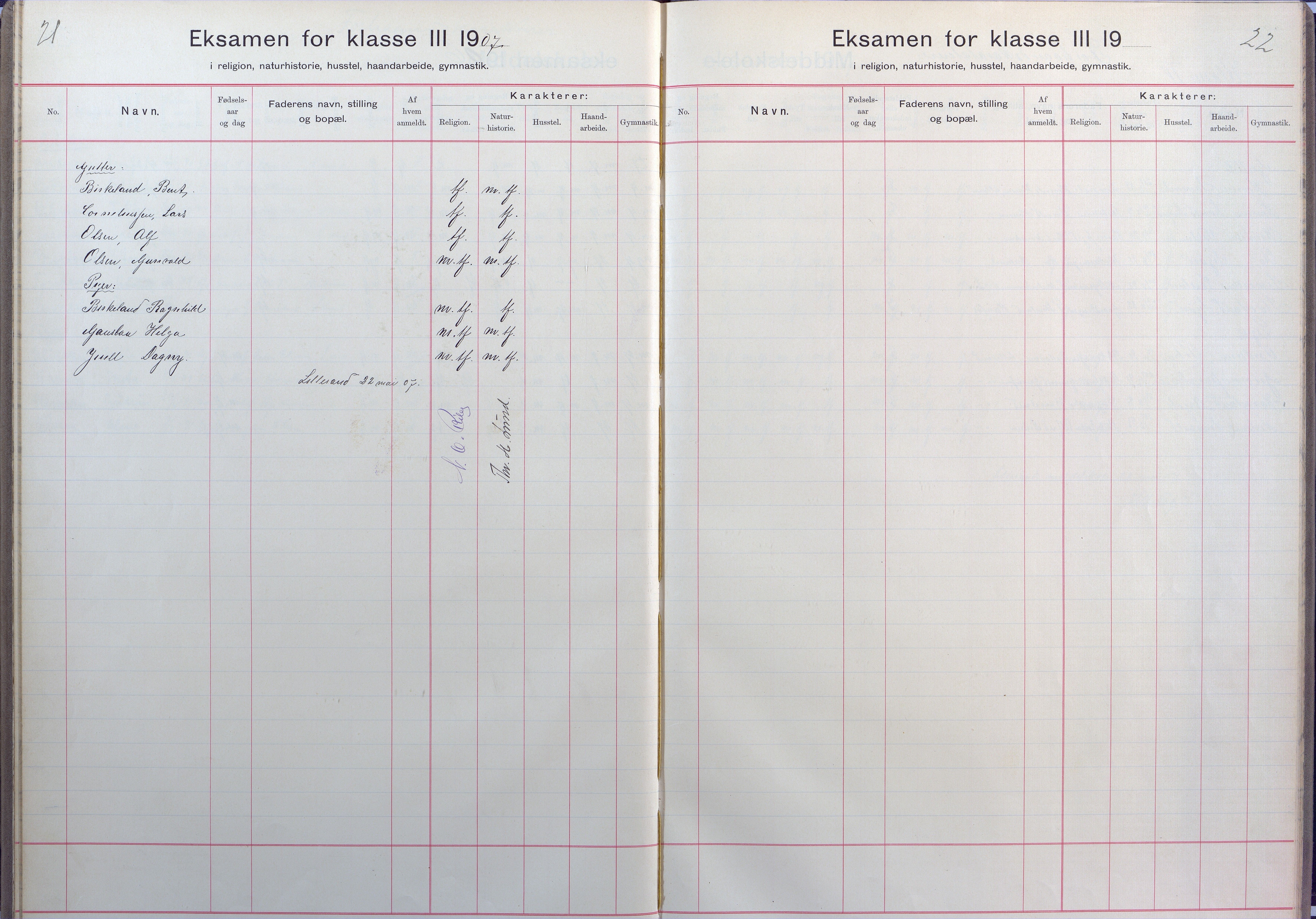 Lillesand kommune, AAKS/KA0926-PK/2/03/L0025: Lillesand Communale Middelskole - Eksamensprotokoll for Lillesands komm. Middelskolen. Forhåndskarakterer 3. og 2. kl., 1901-1932, p. 21-22