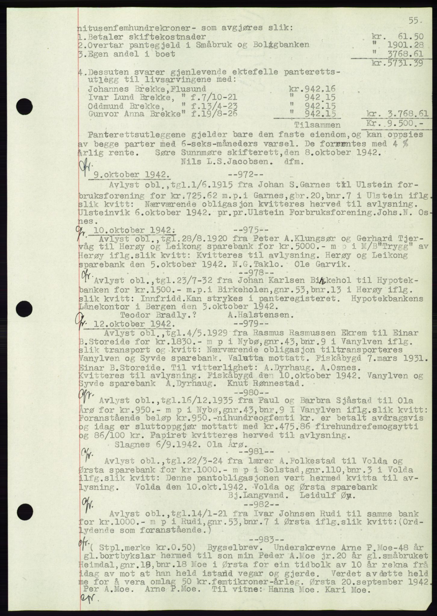 Søre Sunnmøre sorenskriveri, AV/SAT-A-4122/1/2/2C/L0072: Mortgage book no. 66, 1941-1955, Diary no: : 972/1942