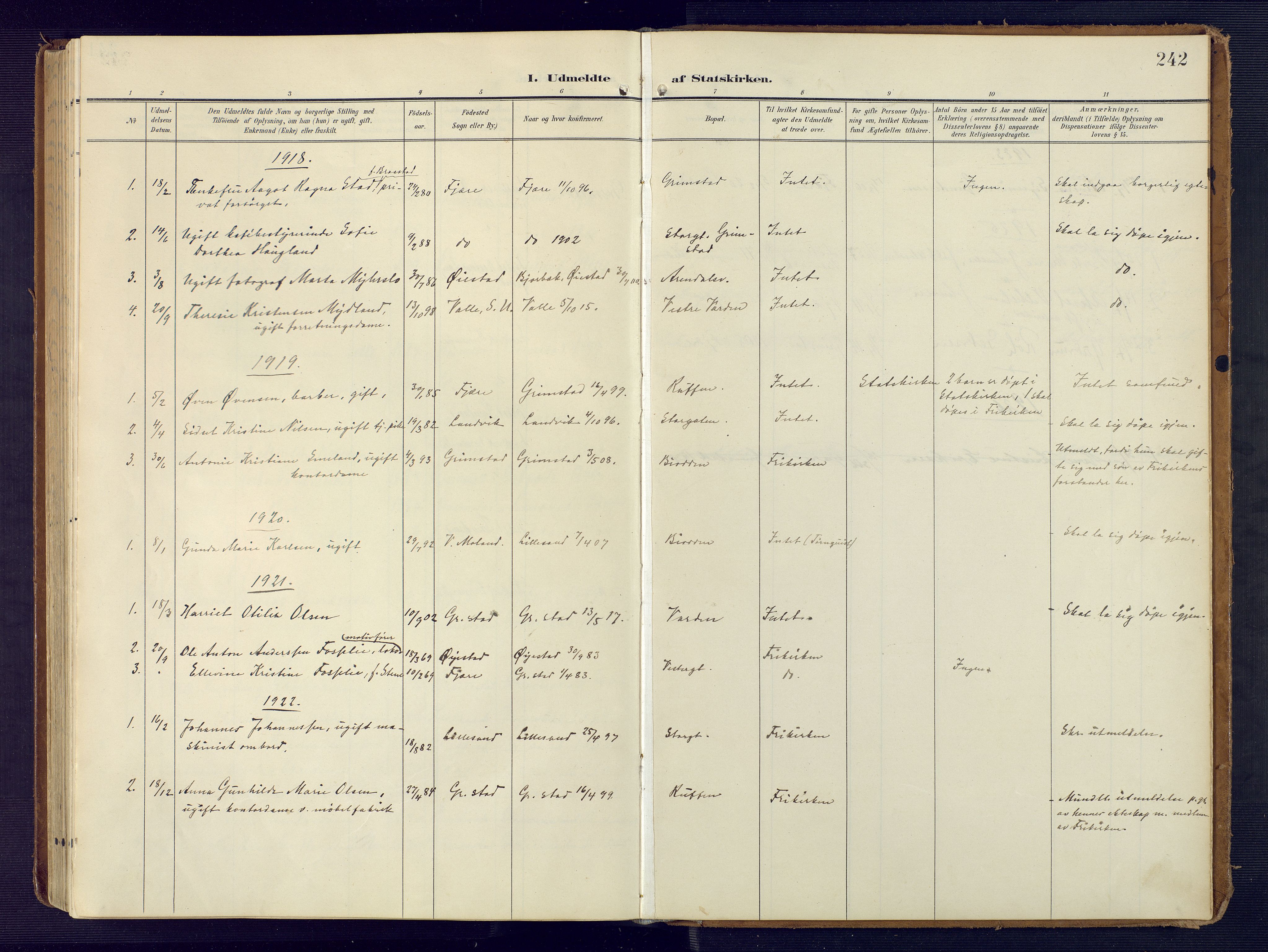 Grimstad sokneprestkontor, SAK/1111-0017/F/Fa/L0005: Parish register (official) no. A 4, 1911-1924, p. 242