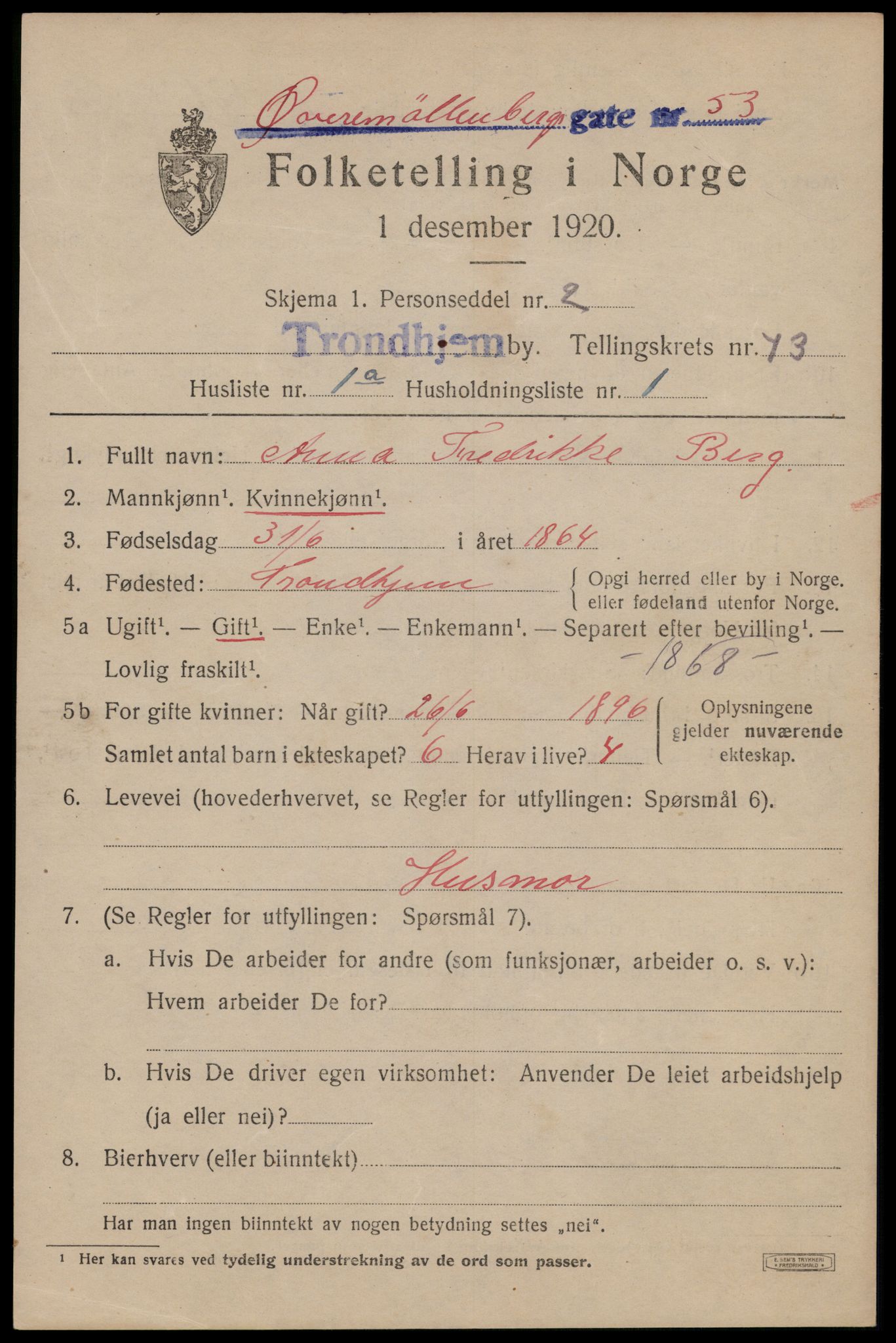 SAT, 1920 census for Trondheim, 1920, p. 142486