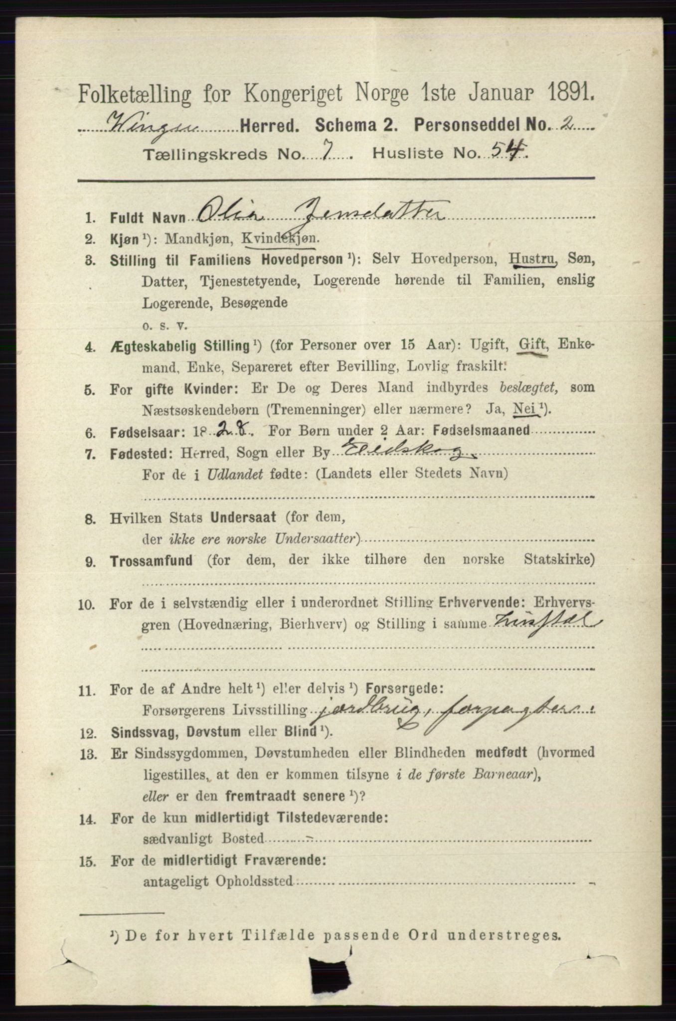 RA, 1891 census for 0421 Vinger, 1891, p. 3520