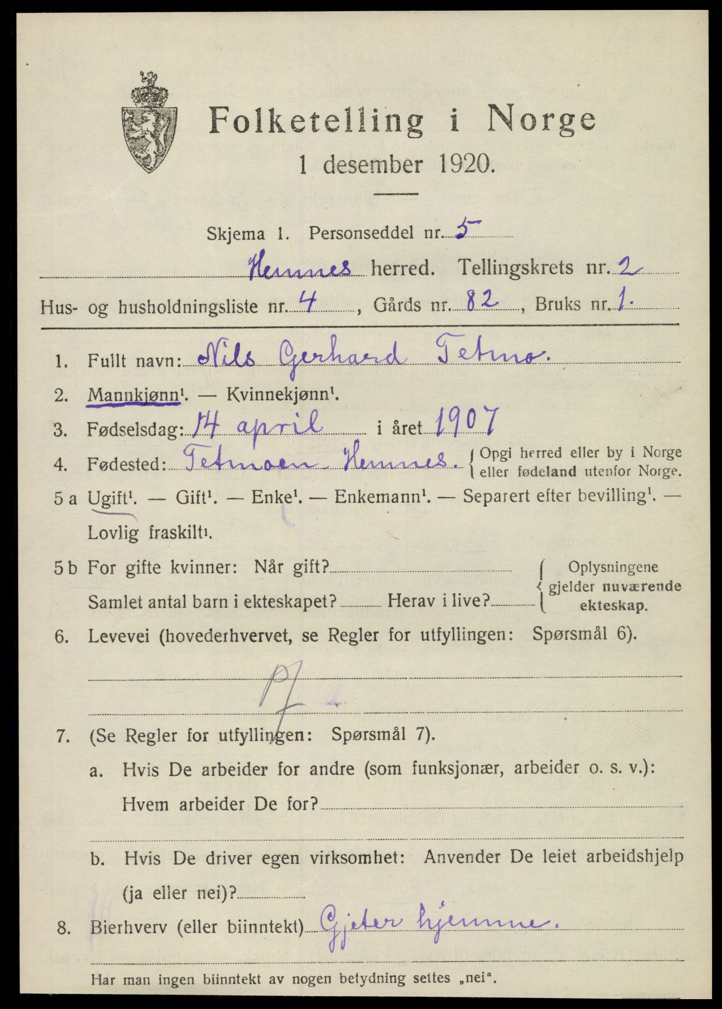 SAT, 1920 census for Hemnes, 1920, p. 3788