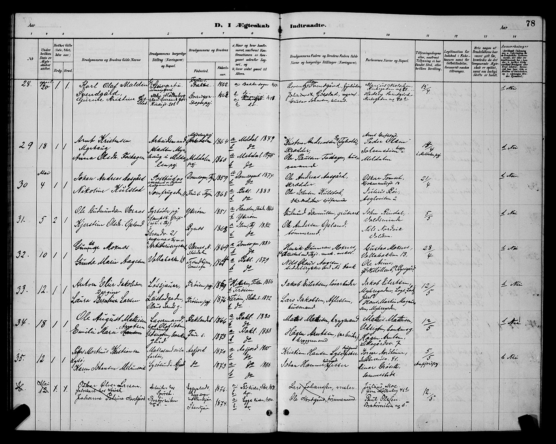 Ministerialprotokoller, klokkerbøker og fødselsregistre - Sør-Trøndelag, AV/SAT-A-1456/604/L0223: Parish register (copy) no. 604C06, 1886-1897, p. 78