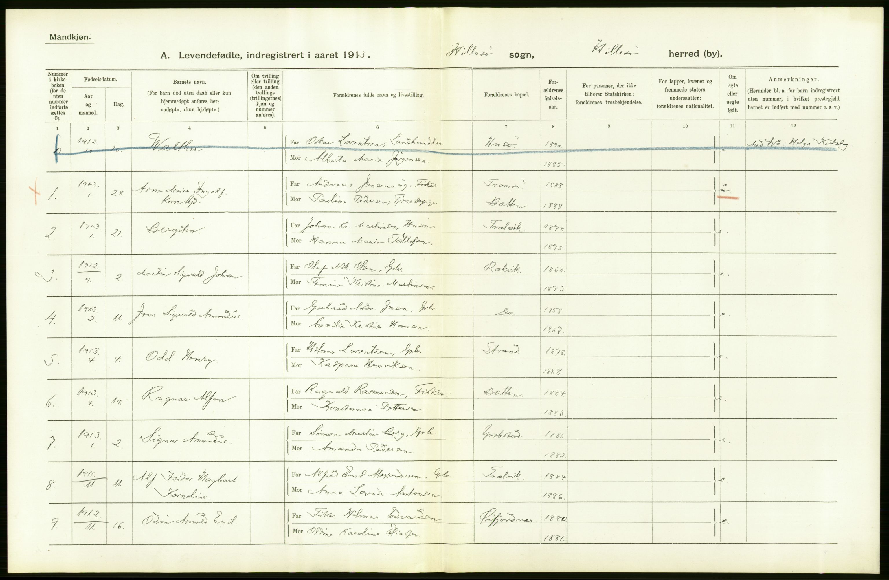 Statistisk sentralbyrå, Sosiodemografiske emner, Befolkning, AV/RA-S-2228/D/Df/Dfb/Dfbc/L0046: Tromsø amt: Levendefødte menn og kvinner. Bygder og byer., 1913, p. 114