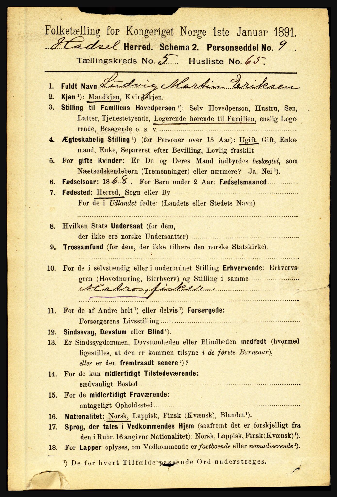 RA, 1891 census for 1866 Hadsel, 1891, p. 2577