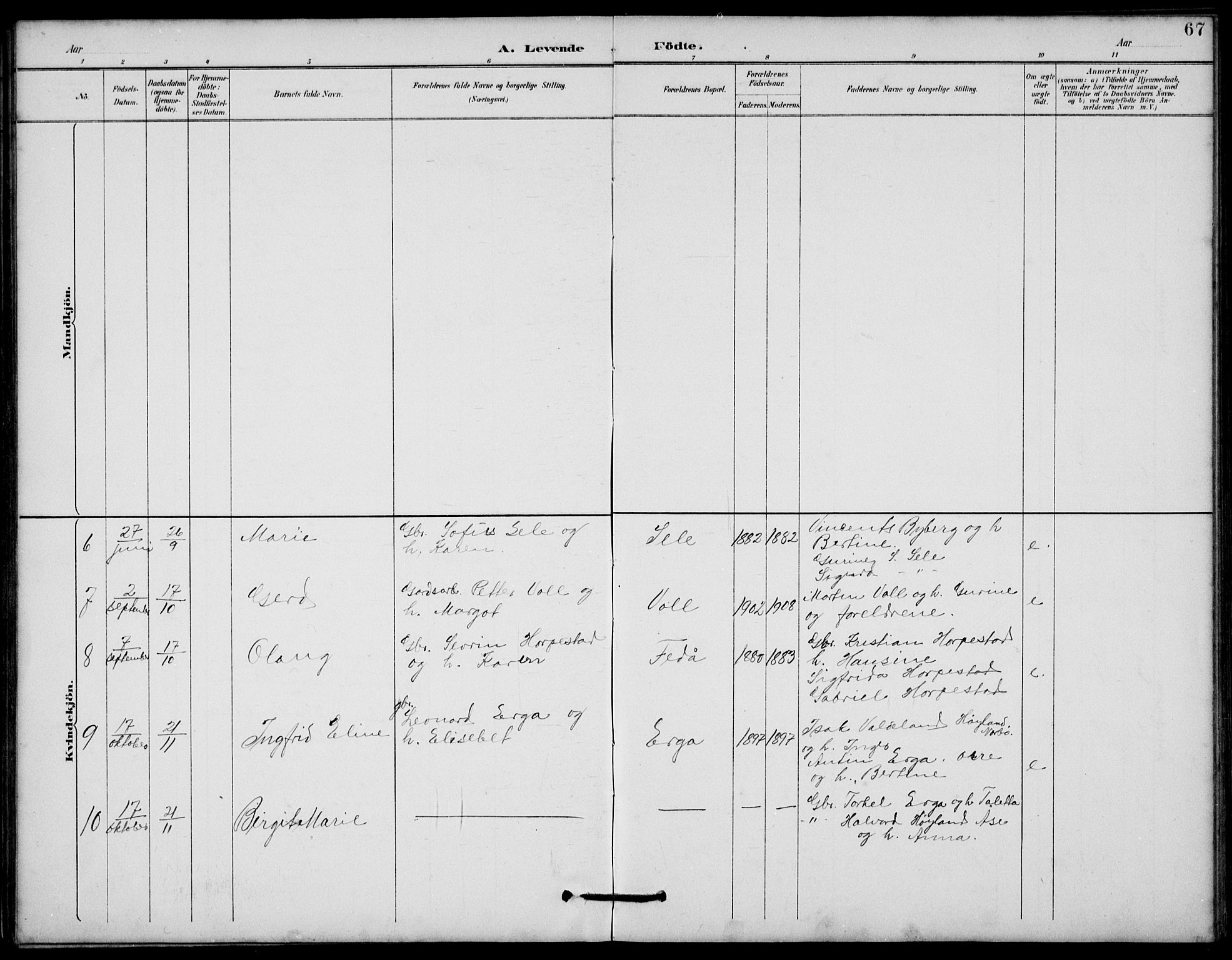 Klepp sokneprestkontor, AV/SAST-A-101803/001/3/30BB/L0006: Parish register (copy) no. B 6, 1889-1936, p. 67