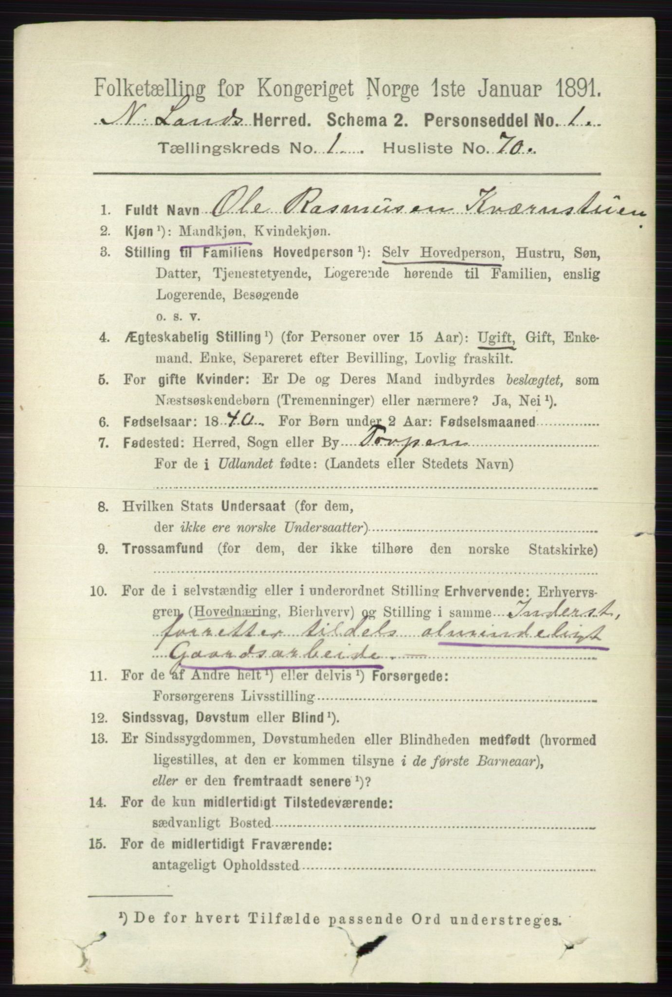 RA, 1891 census for 0538 Nordre Land, 1891, p. 528