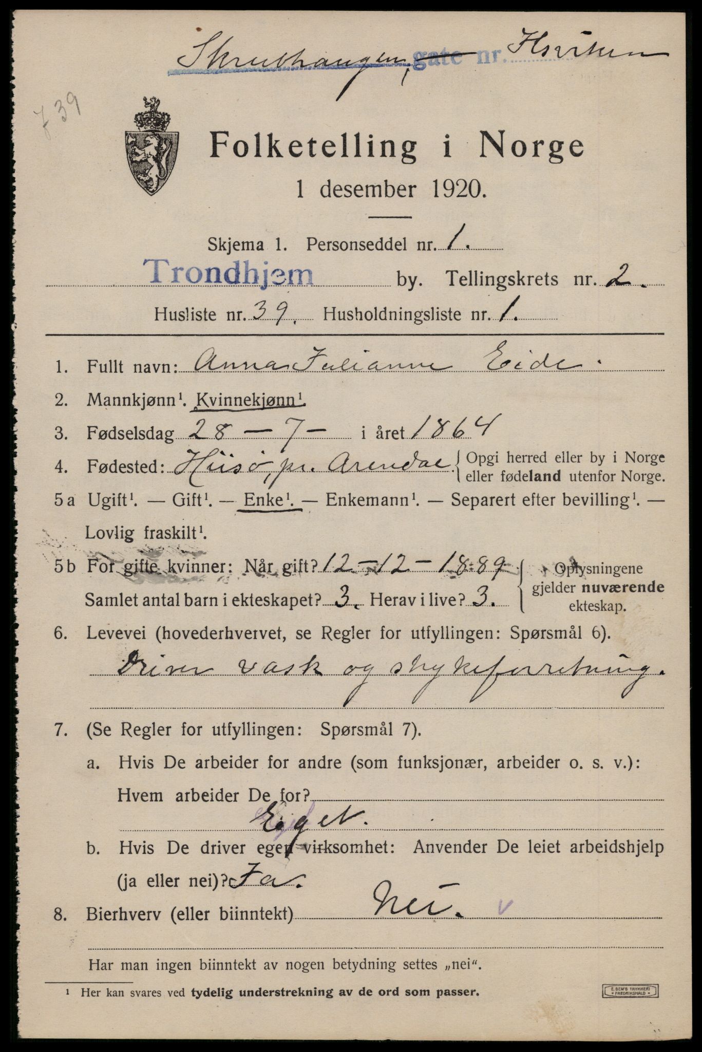 SAT, 1920 census for Trondheim, 1920, p. 34944