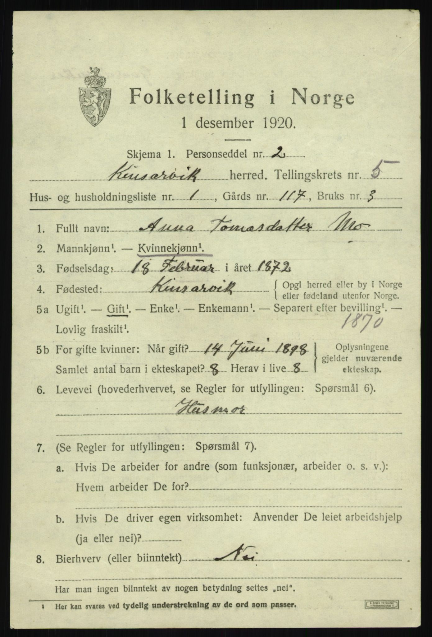 SAB, 1920 census for Kinsarvik, 1920, p. 2608