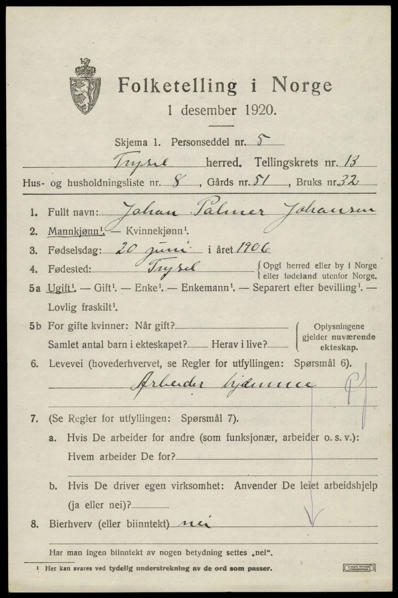 SAH, 1920 census for Trysil, 1920, p. 7729