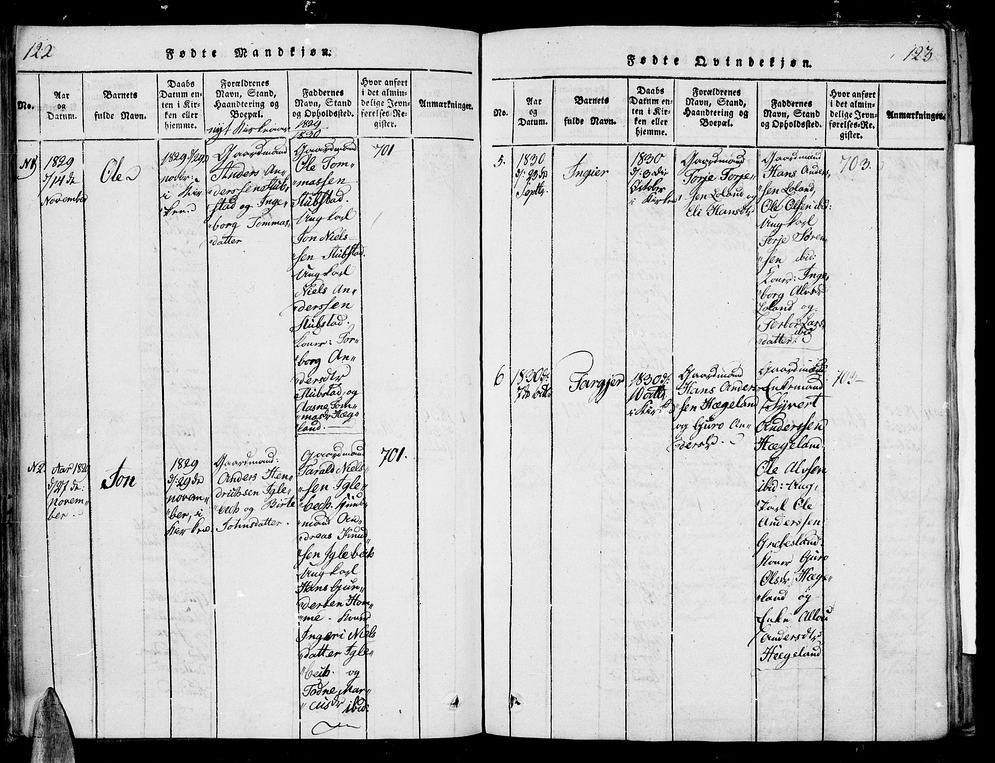 Vennesla sokneprestkontor, AV/SAK-1111-0045/Fa/Fac/L0003: Parish register (official) no. A 3, 1820-1834, p. 122-123