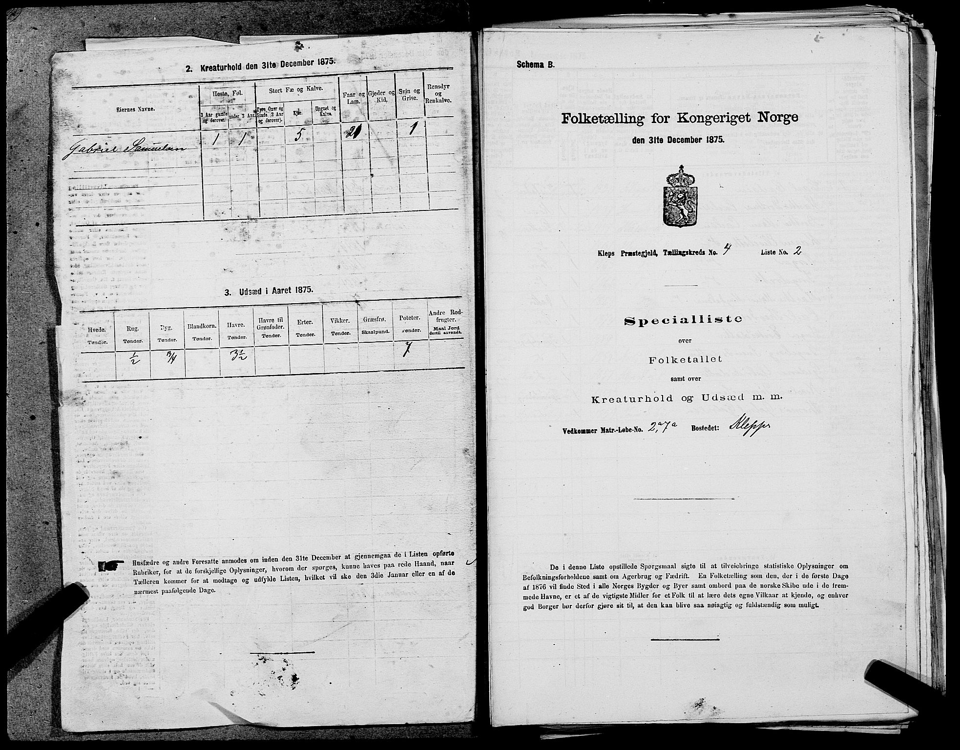 SAST, 1875 census for 1120P Klepp, 1875, p. 357