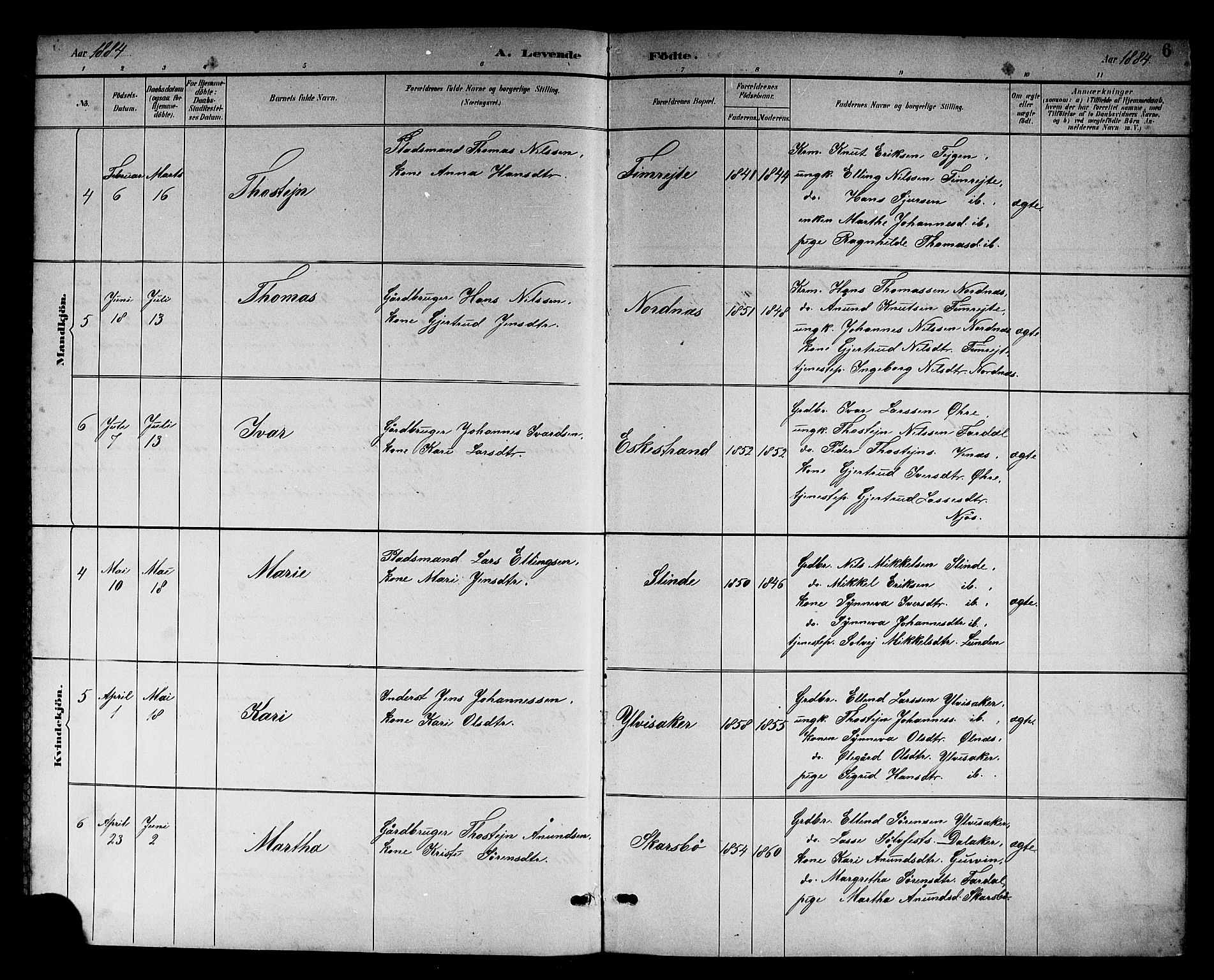 Sogndal sokneprestembete, AV/SAB-A-81301/H/Hab/Habc/L0002: Parish register (copy) no. C 2, 1884-1910, p. 6