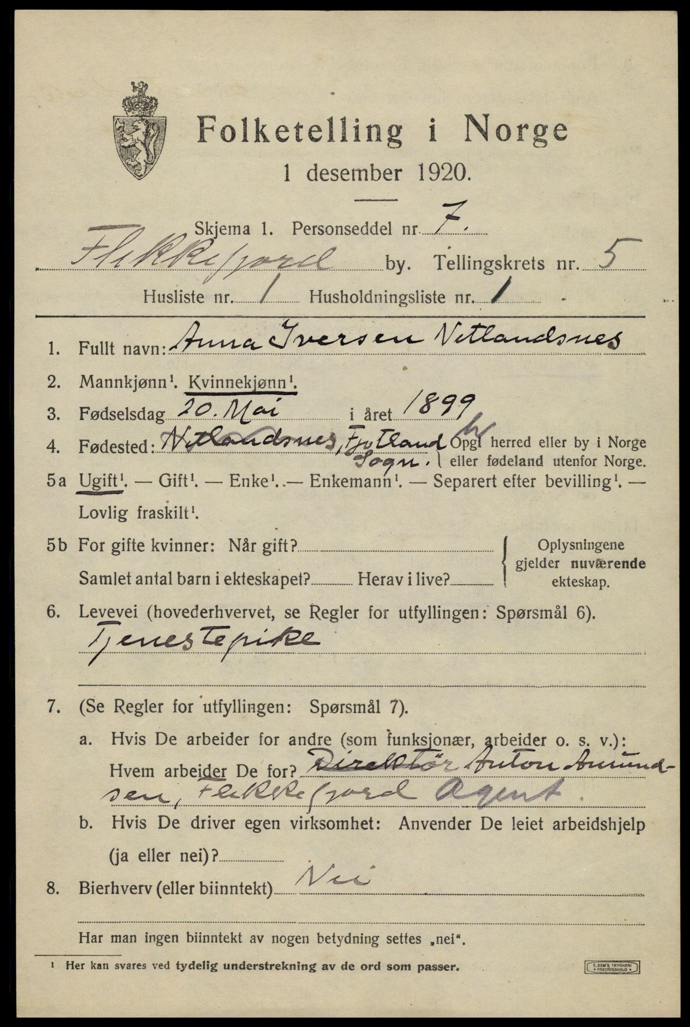 SAK, 1920 census for Flekkefjord, 1920, p. 5148