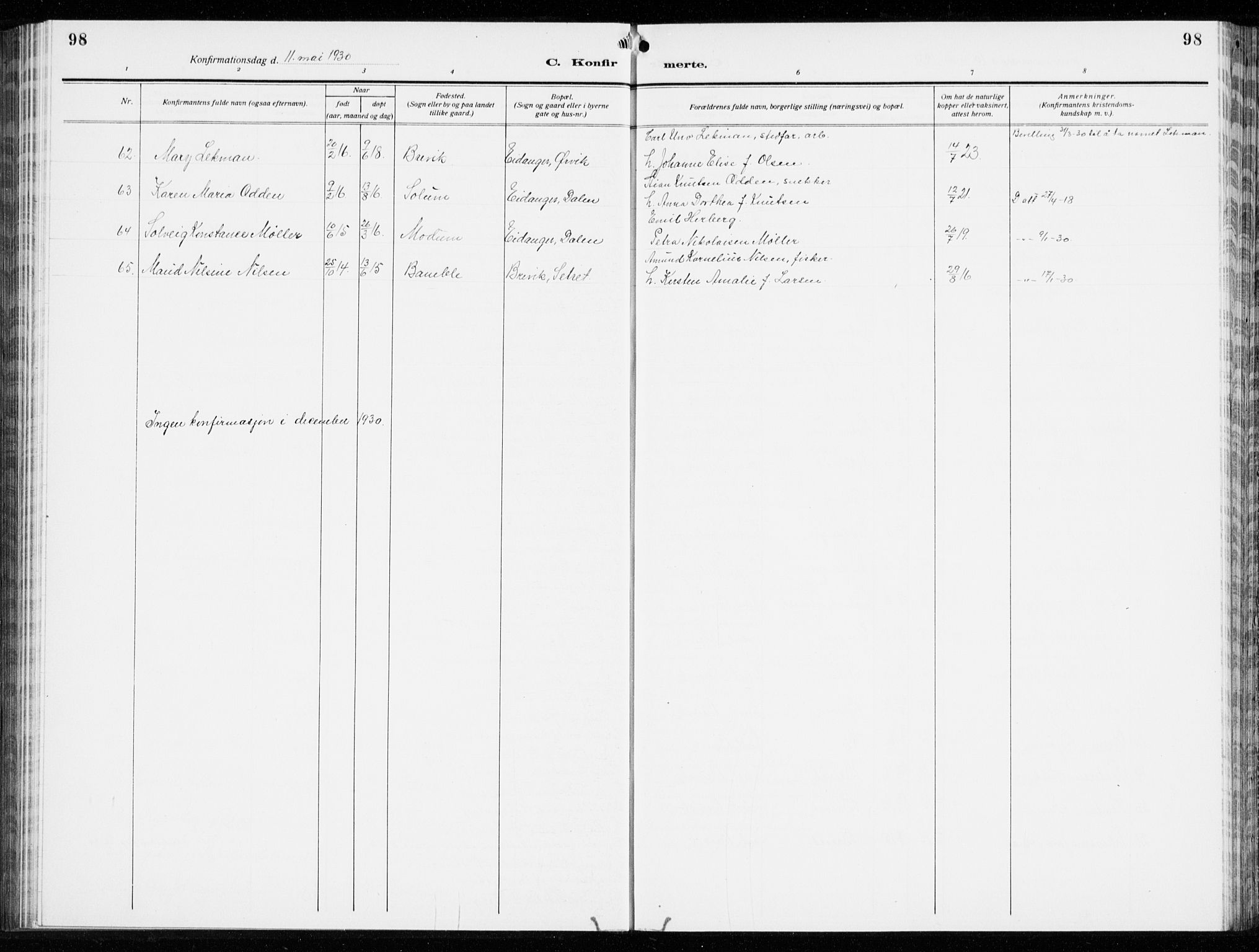 Brevik kirkebøker, SAKO/A-255/G/Ga/L0006: Parish register (copy) no. 6, 1922-1940, p. 98