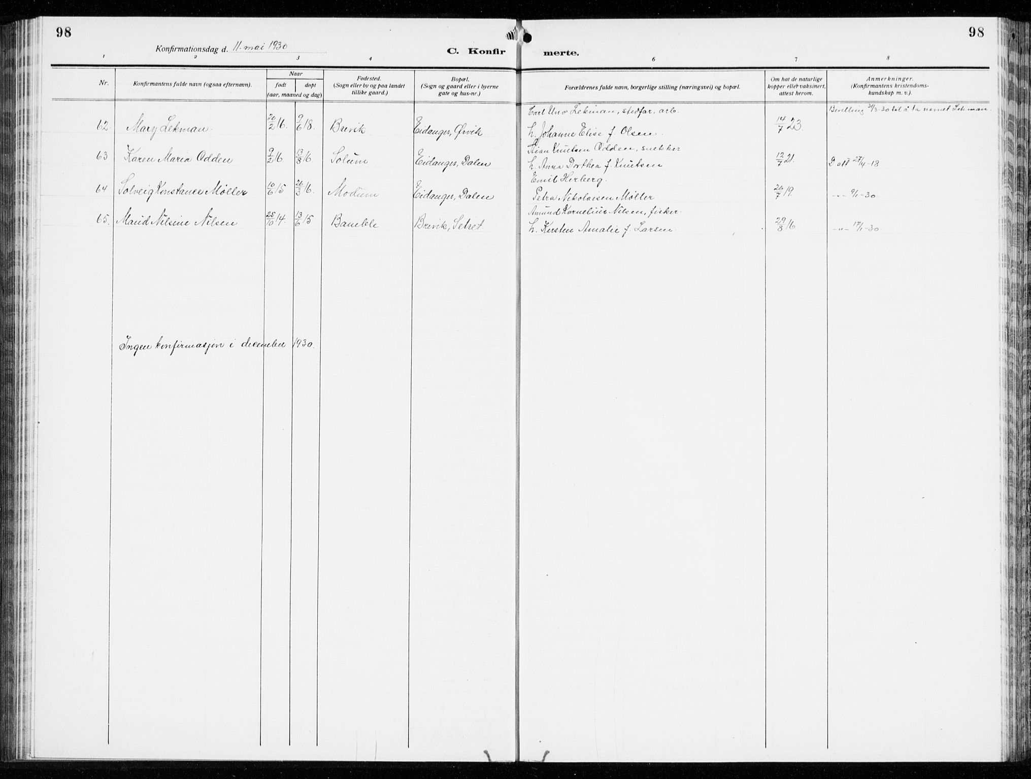 Brevik kirkebøker, AV/SAKO-A-255/G/Ga/L0006: Parish register (copy) no. 6, 1922-1940, p. 98