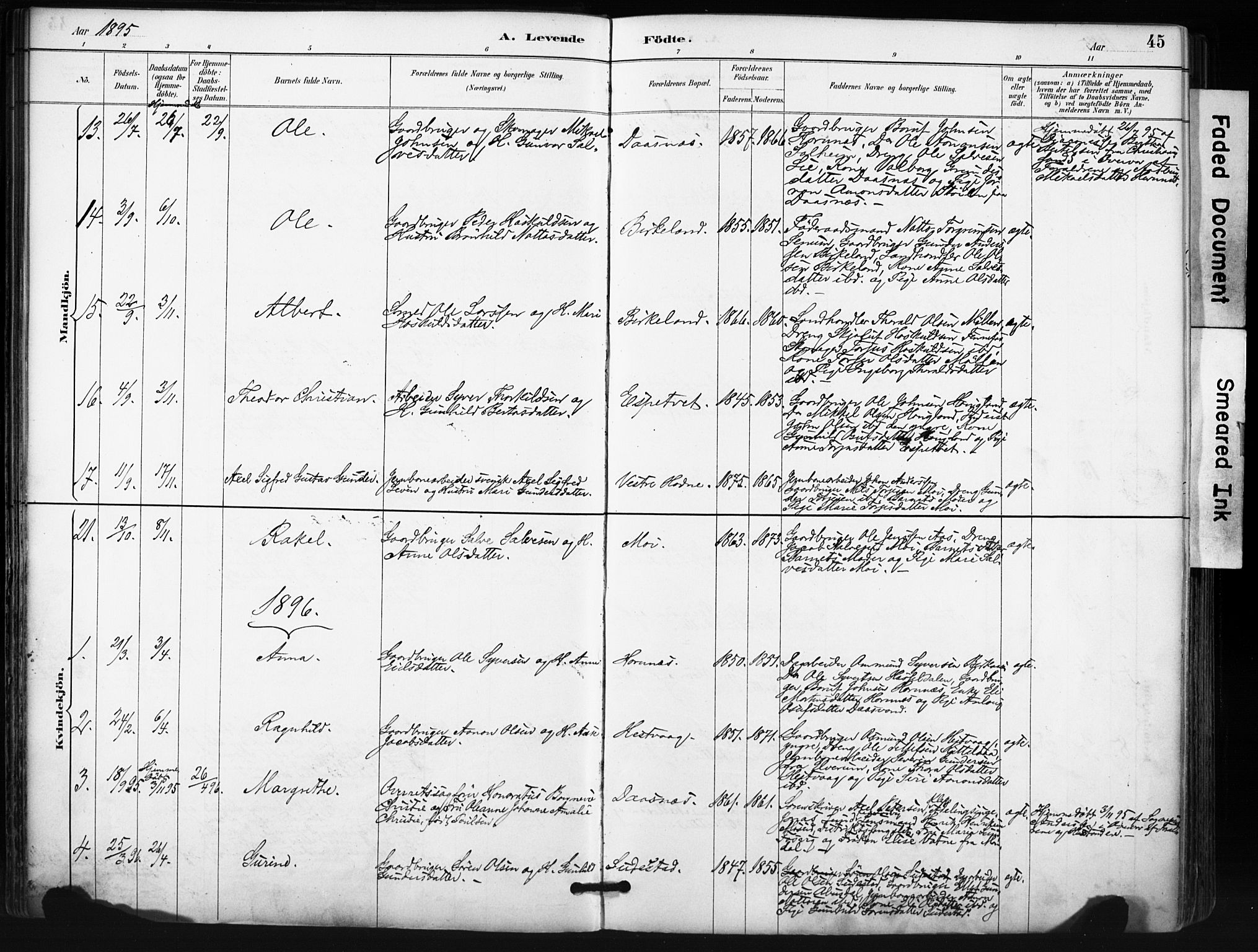 Evje sokneprestkontor, SAK/1111-0008/F/Fa/Fab/L0003: Parish register (official) no. A 3, 1884-1909, p. 45