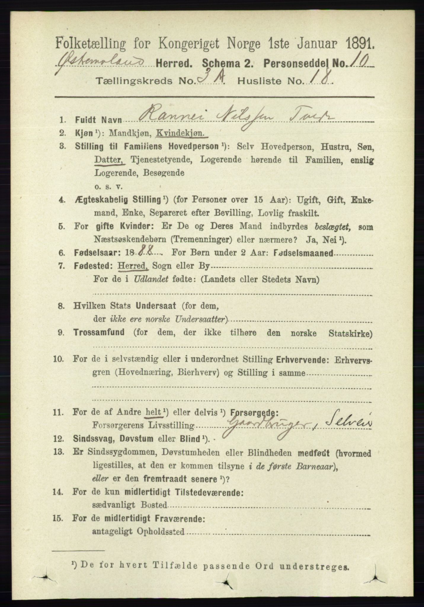 RA, 1891 census for 0918 Austre Moland, 1891, p. 1458
