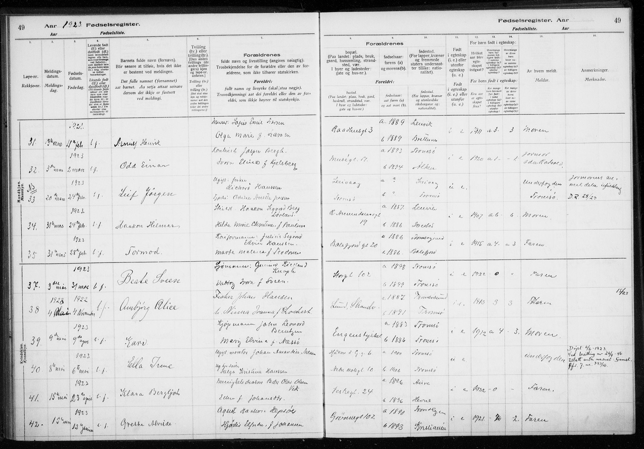 Tromsø sokneprestkontor/stiftsprosti/domprosti, AV/SATØ-S-1343/H/Ha/L0132: Birth register no. 132, 1921-1927, p. 49