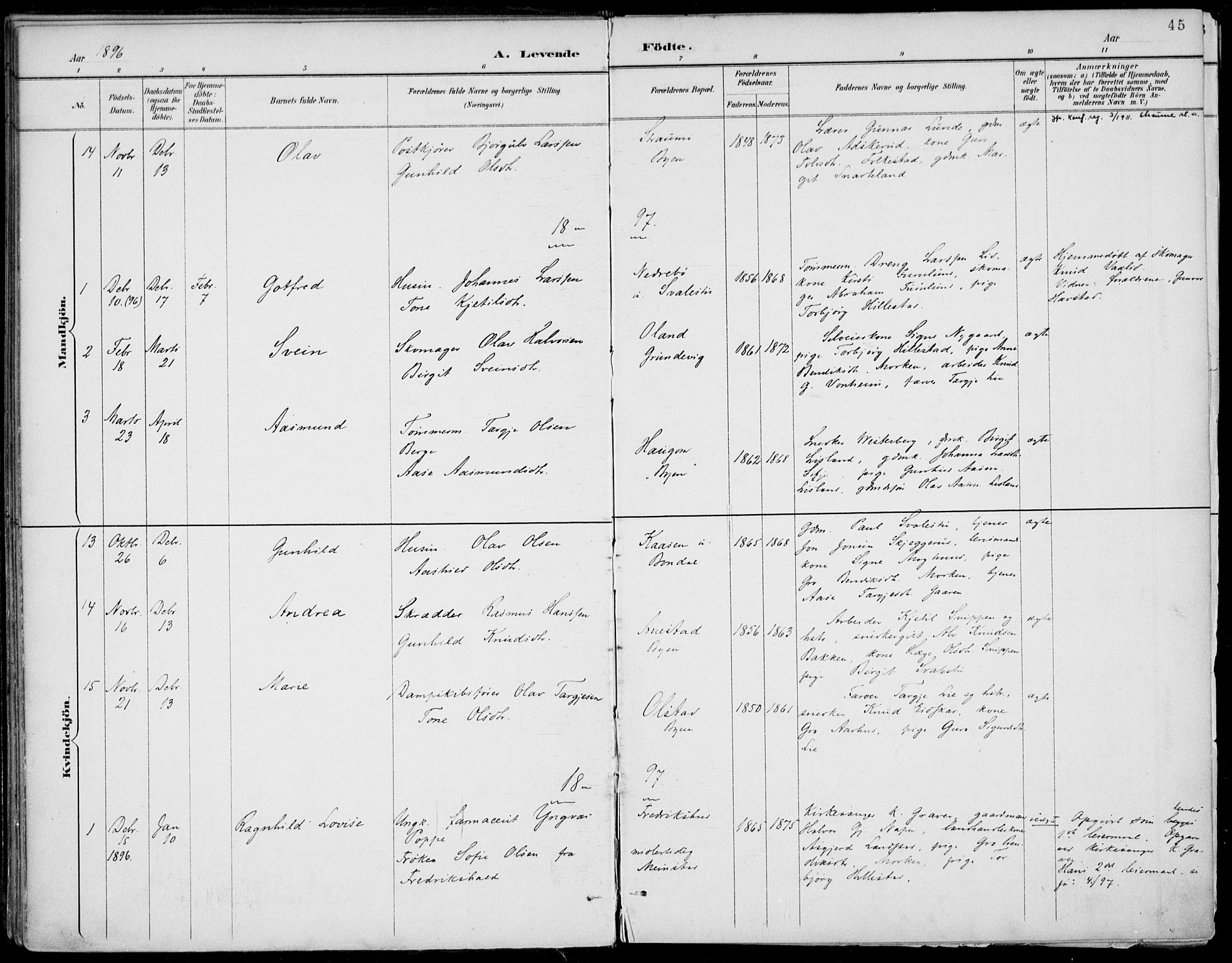 Fyresdal kirkebøker, SAKO/A-263/F/Fa/L0007: Parish register (official) no. I 7, 1887-1914, p. 45