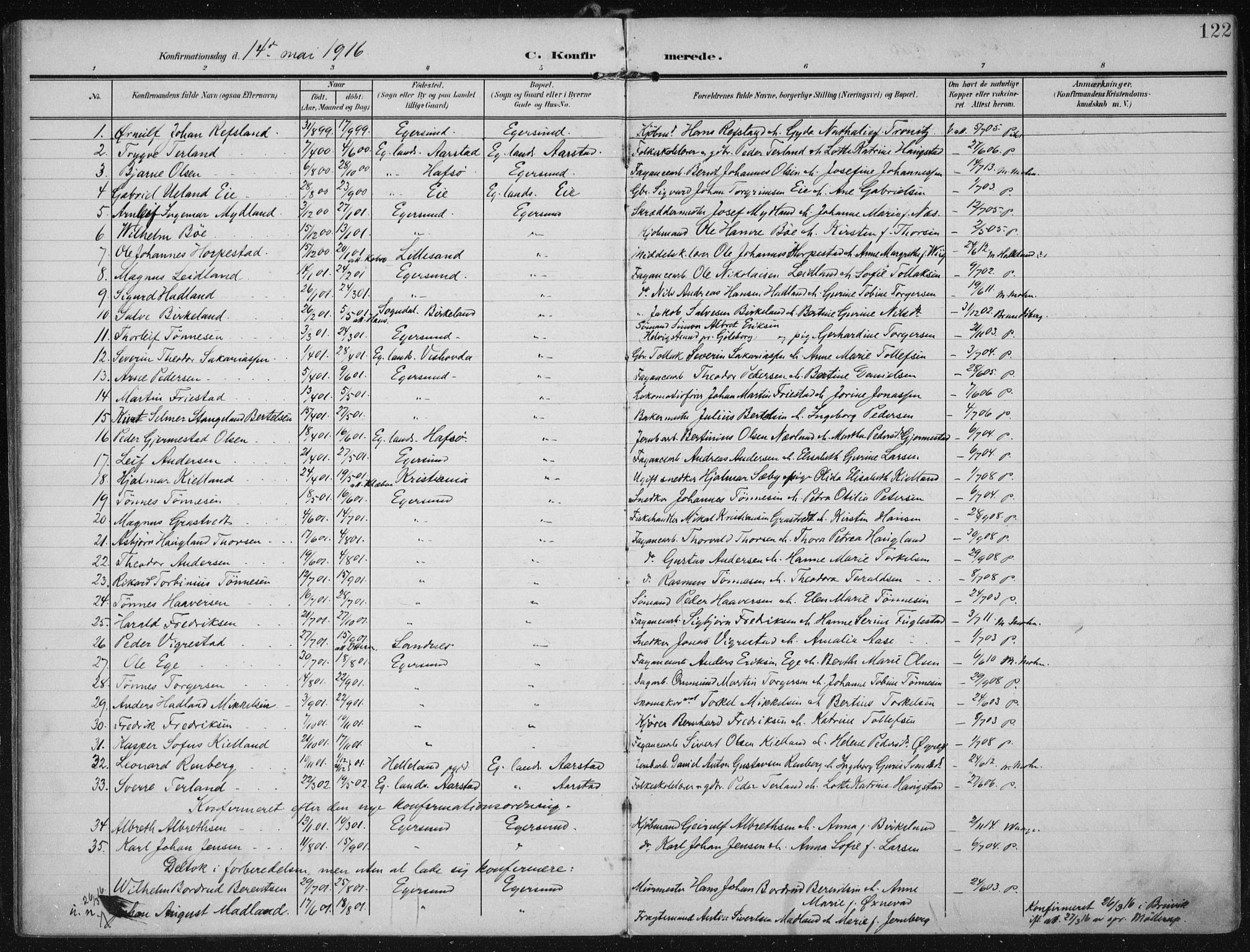Eigersund sokneprestkontor, SAST/A-101807/S08/L0022: Parish register (official) no. A 21, 1905-1928, p. 122