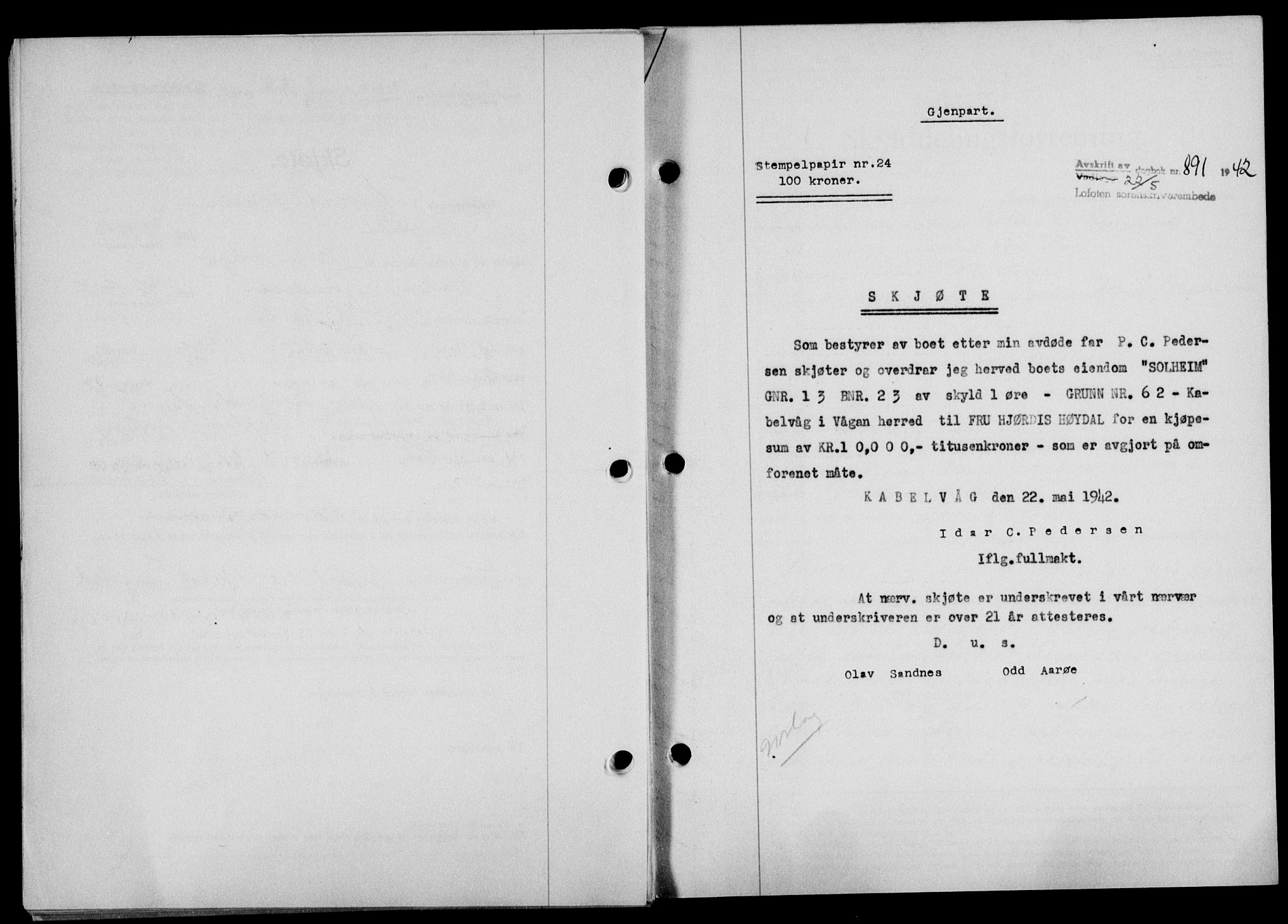 Lofoten sorenskriveri, SAT/A-0017/1/2/2C/L0009a: Mortgage book no. 9a, 1941-1942, Diary no: : 891/1942