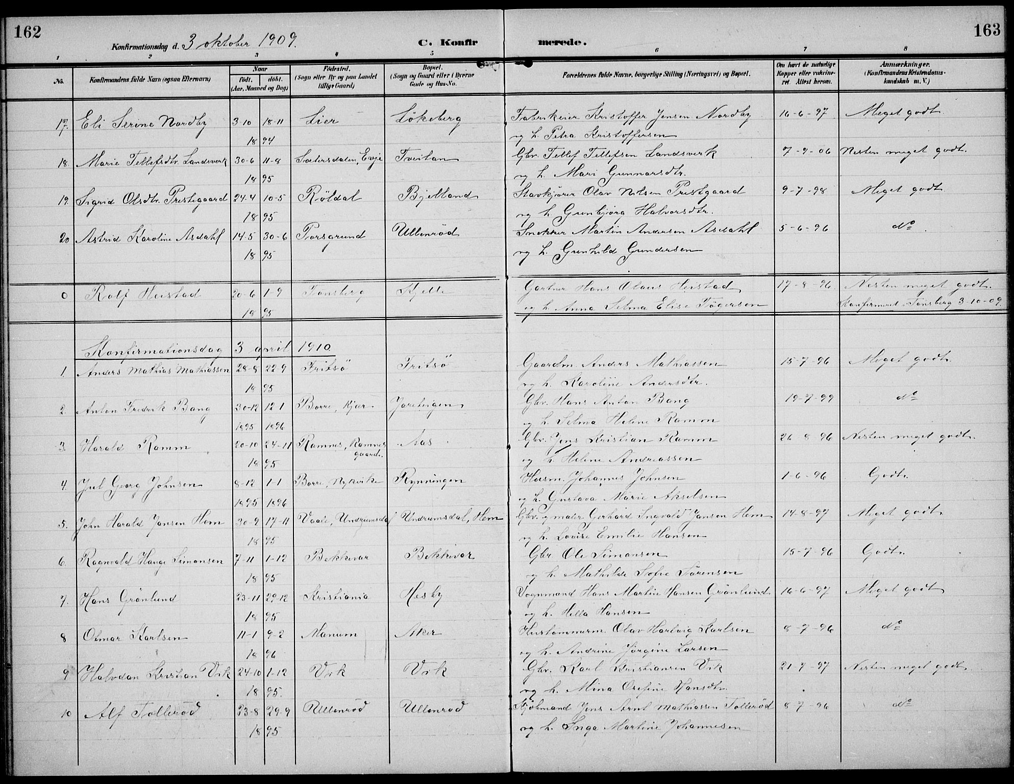 Sem kirkebøker, AV/SAKO-A-5/F/Fa/L0012: Parish register (official) no. I 12, 1905-1915, p. 162-163