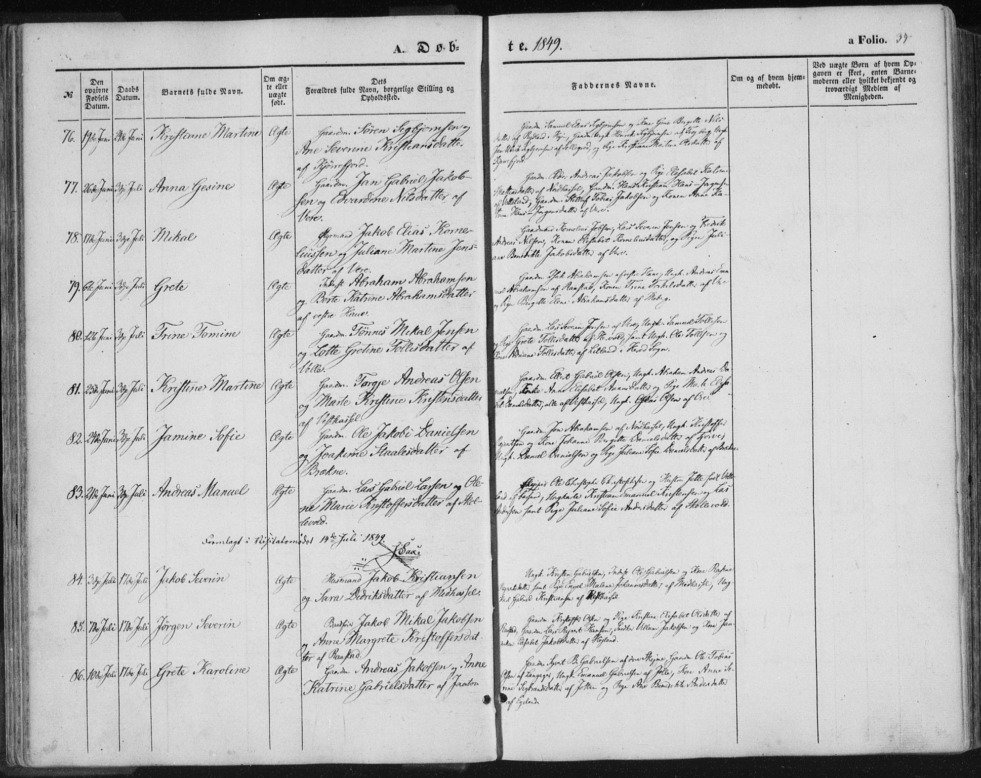 Lista sokneprestkontor, AV/SAK-1111-0027/F/Fa/L0010: Parish register (official) no. A 10, 1846-1861, p. 34