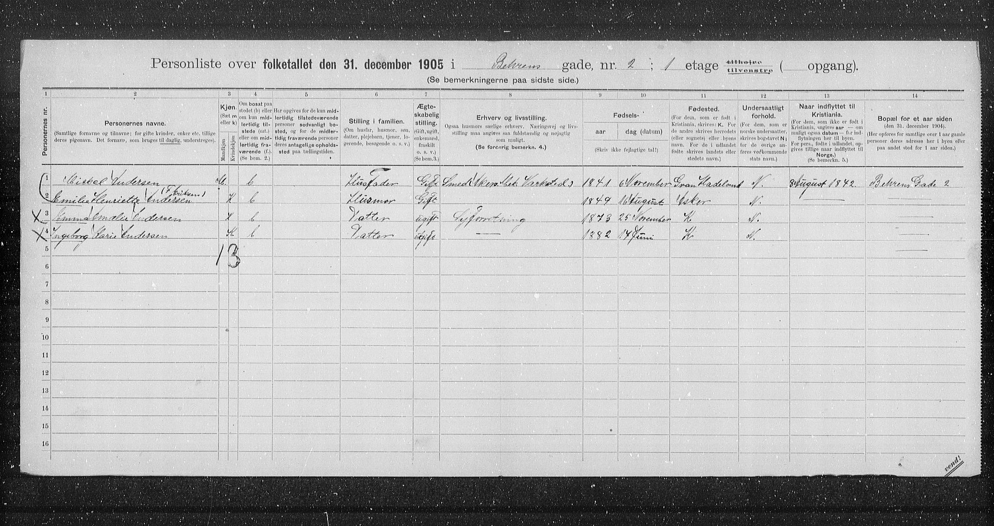 OBA, Municipal Census 1905 for Kristiania, 1905, p. 1715