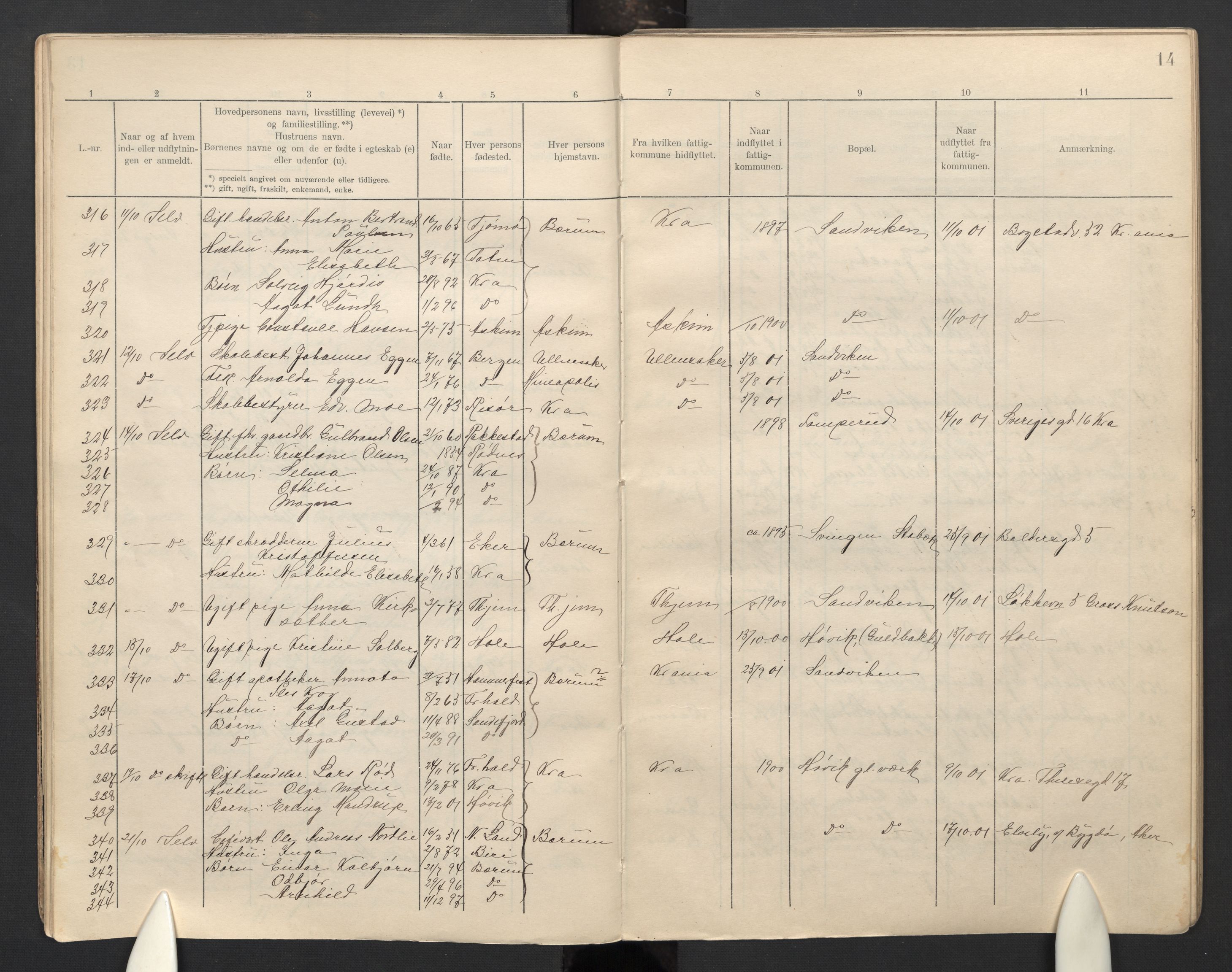 Bærum lensmannskontor, AV/SAO-A-10277/I/Ia/L0001/0001: Flytteprotokoller / Inn- og utflyttinger, 1901-1904, p. 14