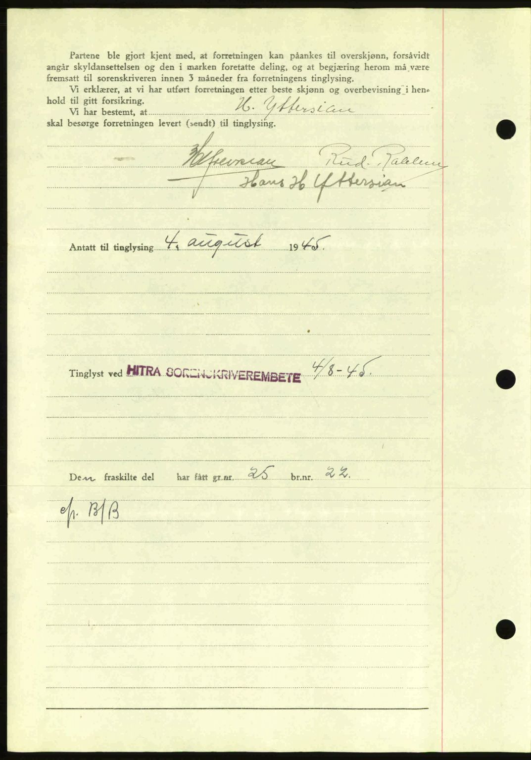 Hitra sorenskriveri, AV/SAT-A-0018/2/2C/2Ca: Mortgage book no. A2, 1943-1945, Diary no: : 439/1945