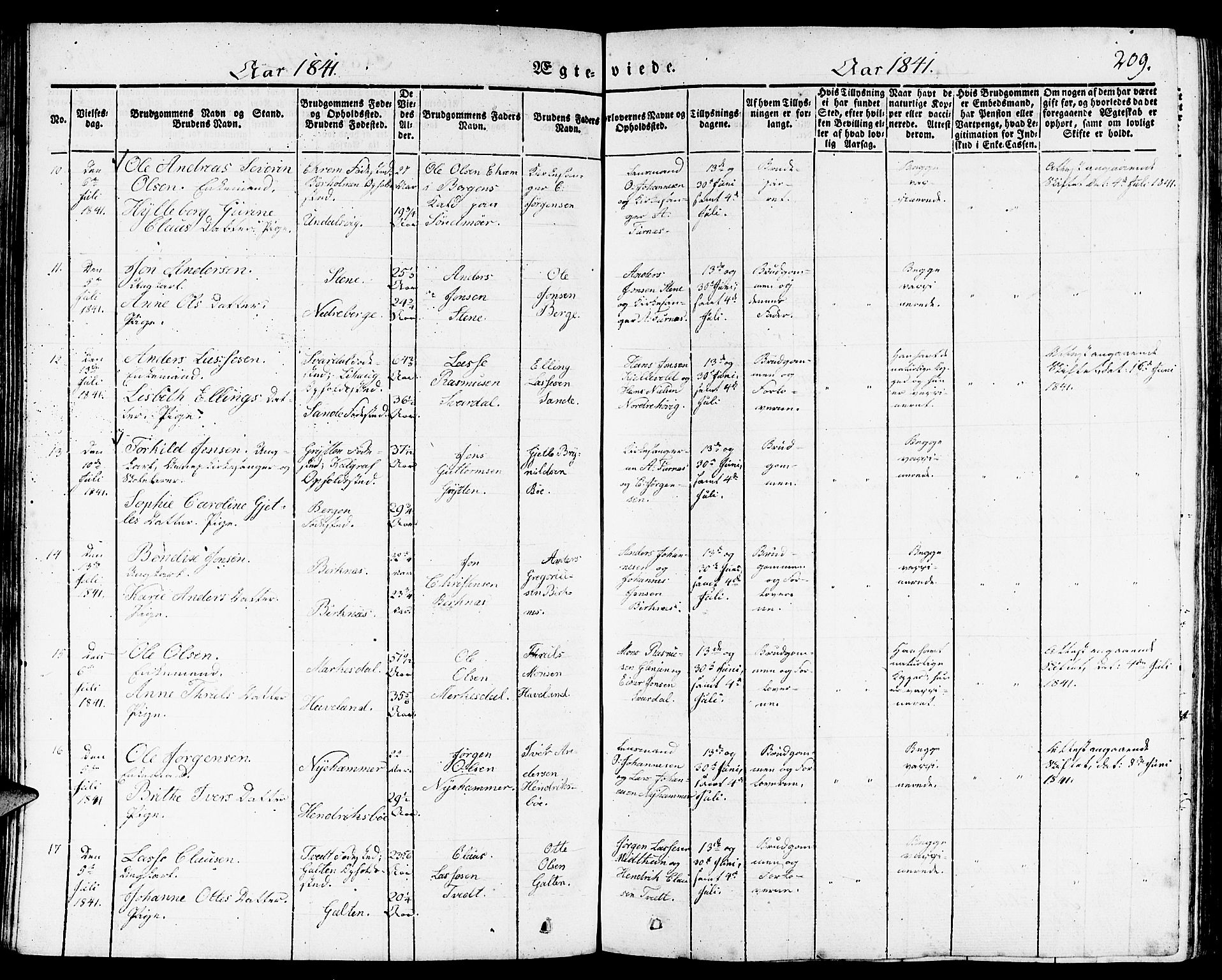 Gulen sokneprestembete, AV/SAB-A-80201/H/Haa/Haaa/L0020: Parish register (official) no. A 20, 1837-1847, p. 209