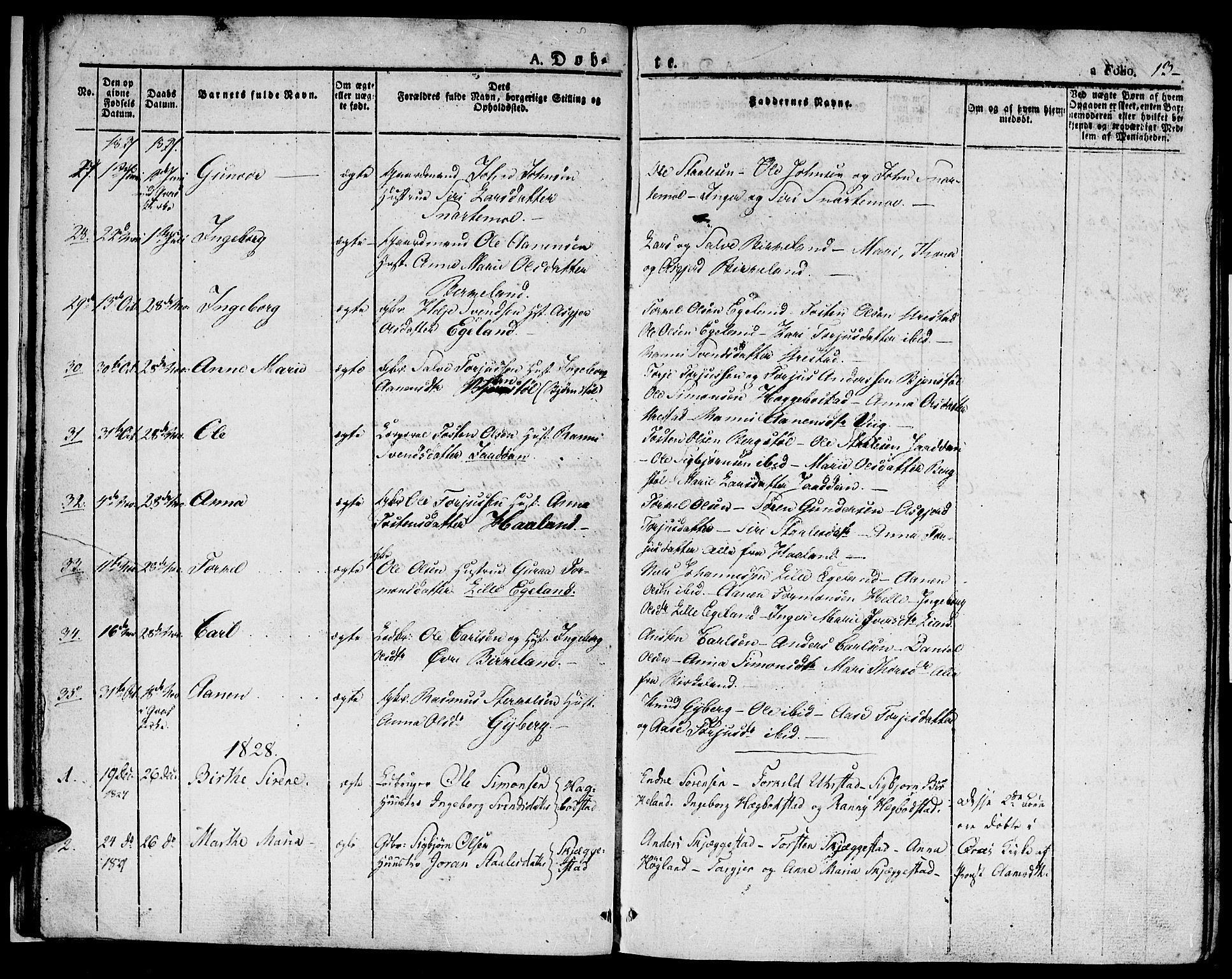 Hægebostad sokneprestkontor, AV/SAK-1111-0024/F/Fa/Faa/L0003: Parish register (official) no. A 3 /1, 1825-1834, p. 13